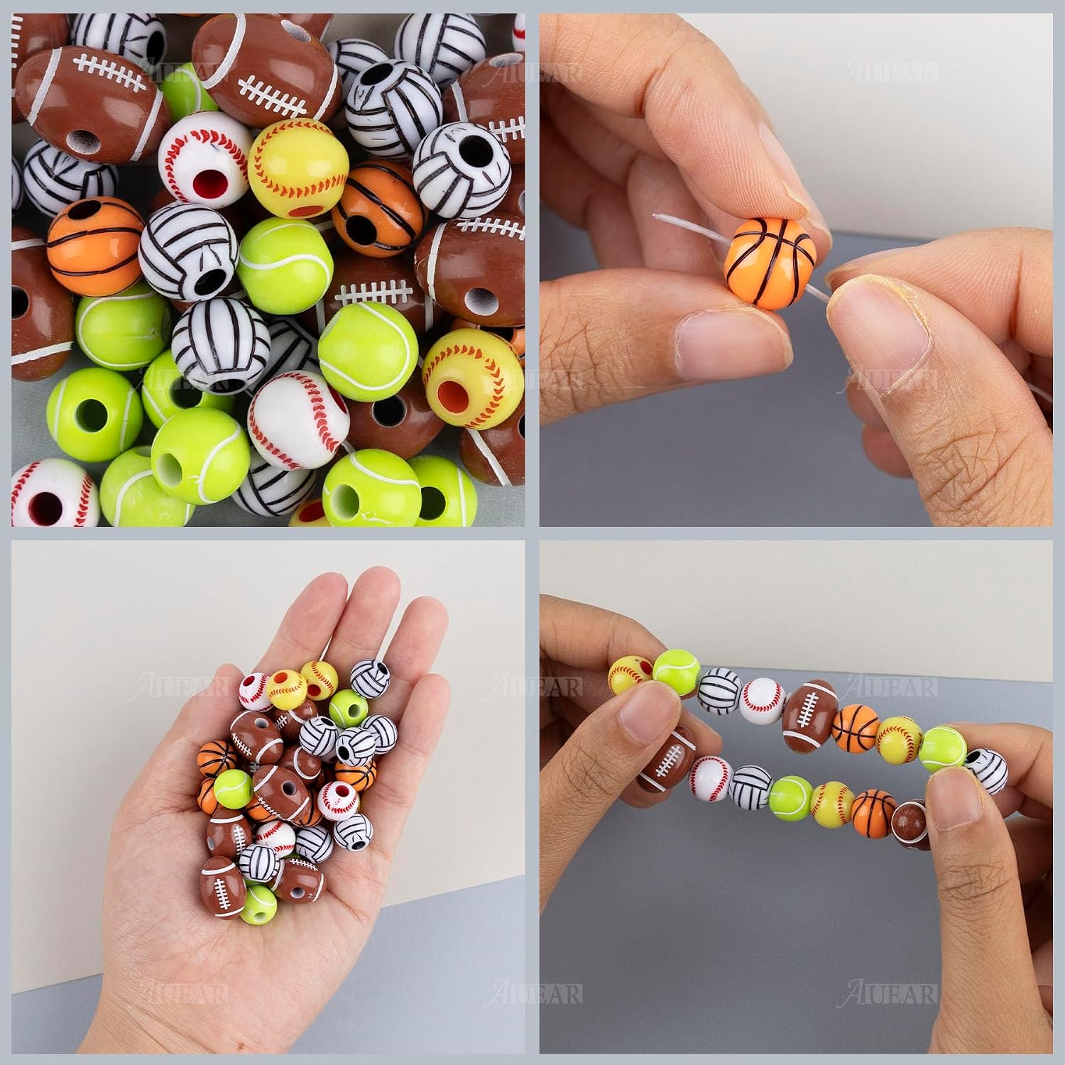 AUEAR, 100 Pack 12mm Boys Friendship Sports Beads Football Baseball Tennis Ball Volleyball Basketball for Jewelry Making Craft Decor DIY