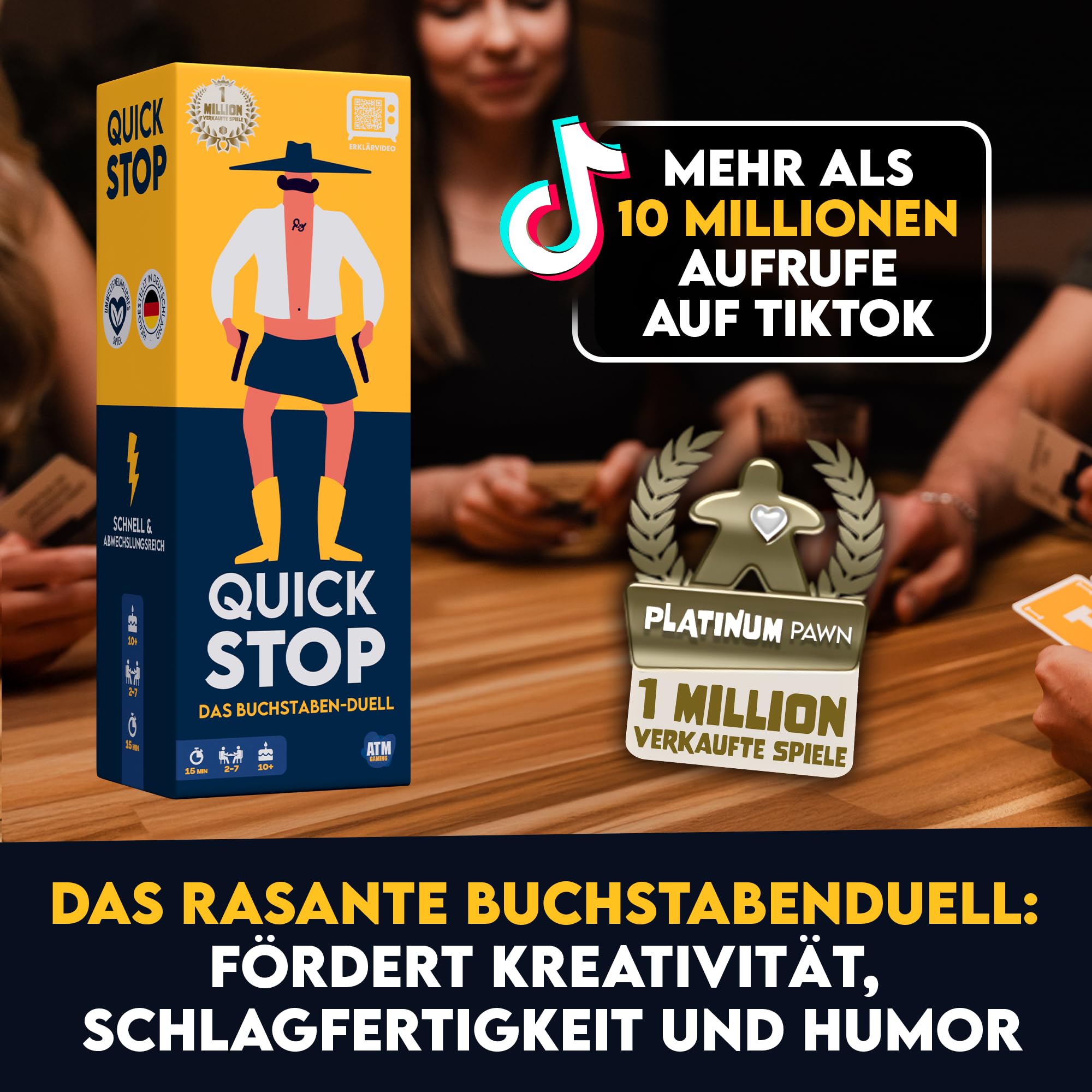 Besuche den ATM Gaming- ATM Gaming Quickstop - Das Buchstaben-Duell - Kartenspiel für Jugendliche und Erwachsene - Schnell und Verrückt - 2 bis 7 Spieler - Kartenspiel ab 10 Jahren - Familienspiel in use