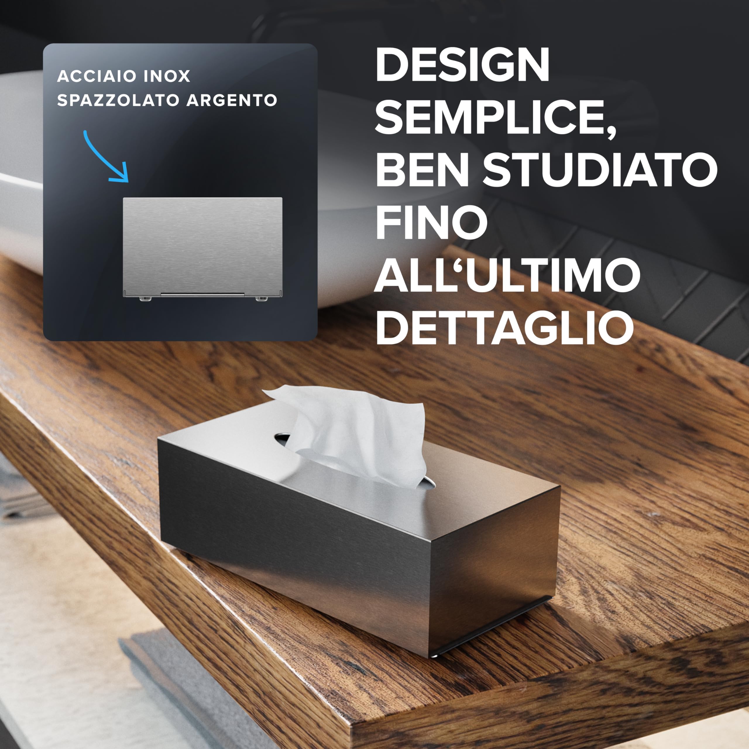 ovimar cosmetic tissue box Fornaes | acciaio inox | argento | dispenser di fazzoletti, asciugamani di carta, fazzoletti cosmetici per bagno, cucina, tavolo da pranzo | montaggio a parete opzionale