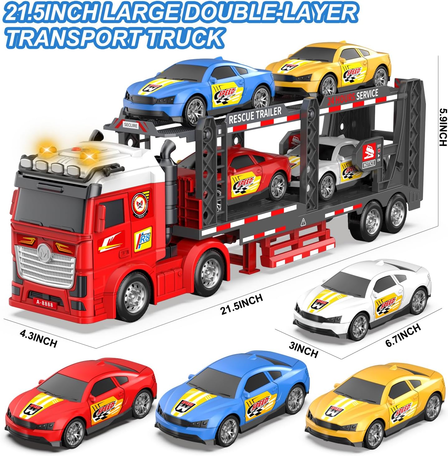 DOWELLIN Carrier Truck Race Car Toys for 3 4 5 6 7 Years Kids, 21.5" Friction Powered Double Layer Semi Transport Truck Toy with 4 Racing Cars, Light&Sound Vehical Toys, Xmas Gift for Boy Girl-Red