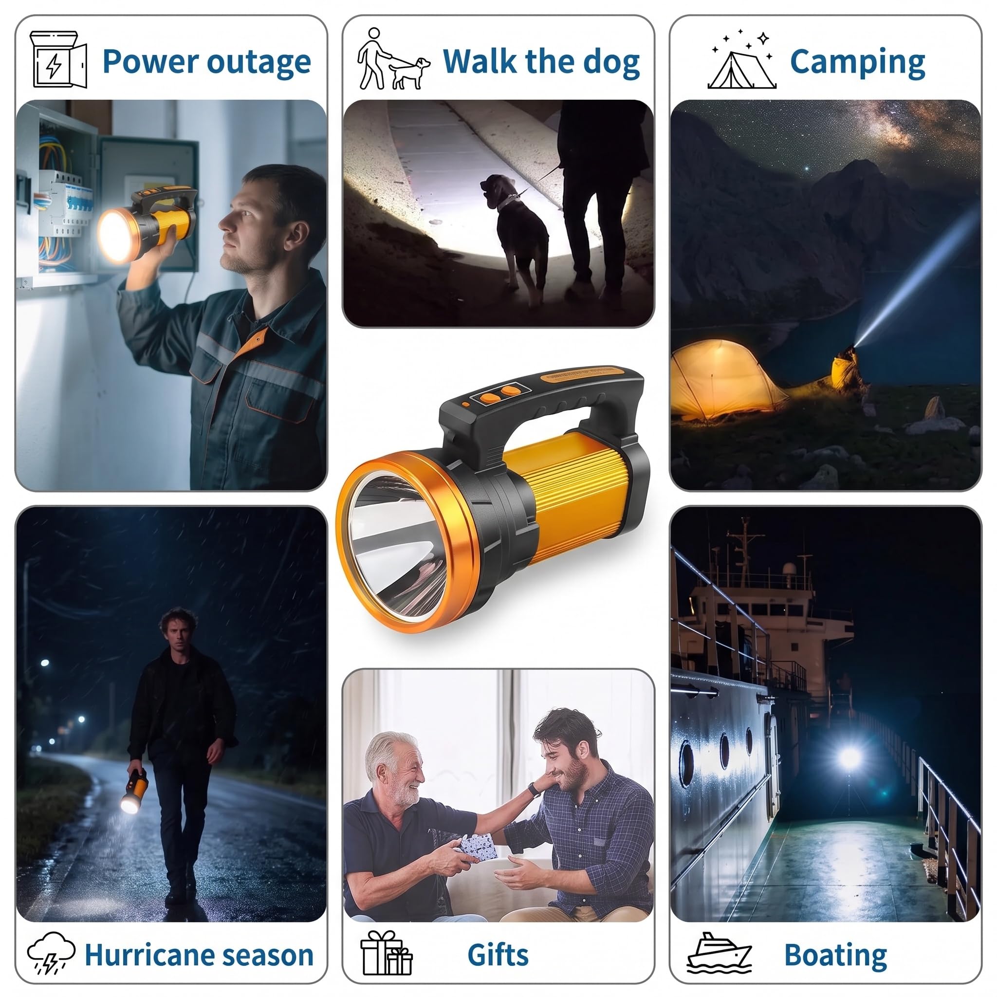 Lampe de poche rechargeable 1000000 lumens 13600 mAh, 80 h, lampe de poche la plus lumineuse IP67, étanche, 6 modes, lampes de poche pour la maison d'urgence