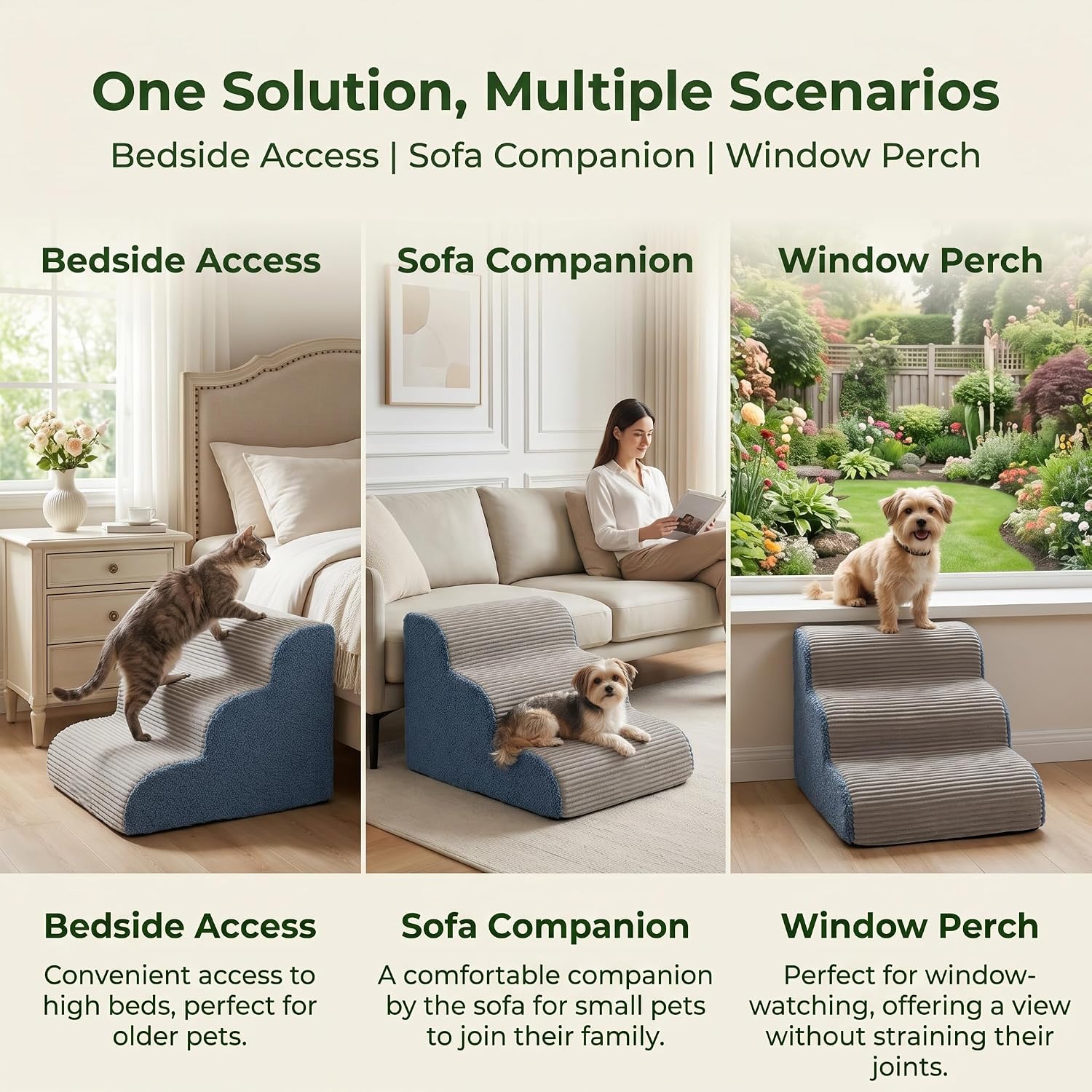 3-Step Foam Dog Stairs for Bed & Couch, 16" H,Grey | Gentle slope, protects patella, 30D foam, non-slip Oxford base, 24x16x16inch, washable corduroy