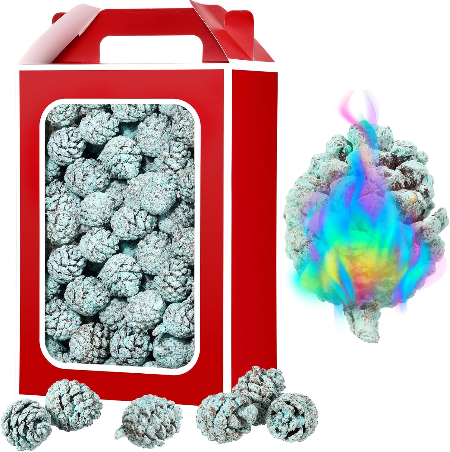Soulchen 220 Christmas Fire Color Pine Cone Ornaments Bulk (Flame Powder) with a Gift Box, 1.6" Pine Cone Fire Color Changing for Craft Xmas Fireplace, Firepit, Campfire, Flame Burning Party Ornament