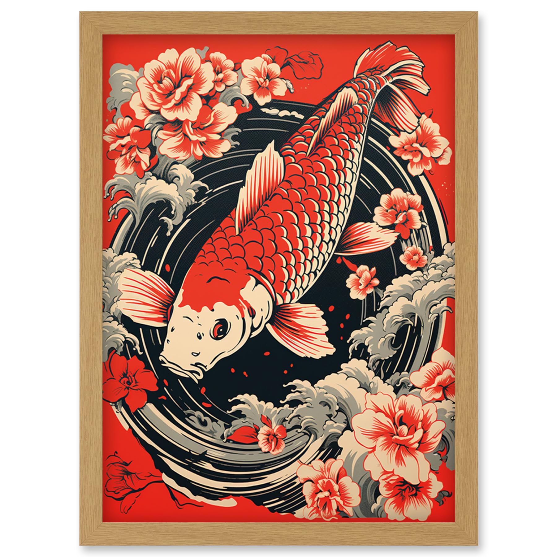 Artery8 Koi Fish Carp Japanese Whirlpool Red Black Floral Illustration Artwork Coy Artwork Framed Wall Art Print A4