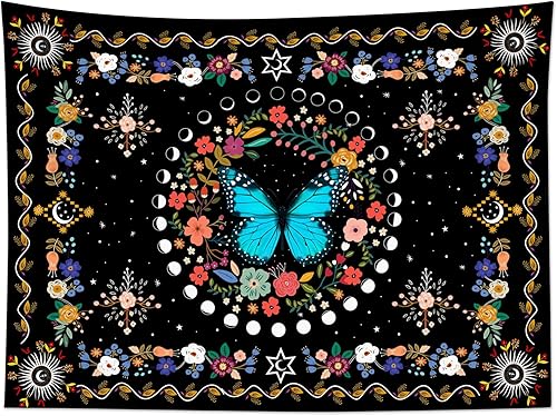 Miniatura 3 de HVEST Tapiz de mariposa de fase lunar para colgar en la pared, diseño de mariposas y hojas coloridas en el cielo, tapiz para colgar en la pared,