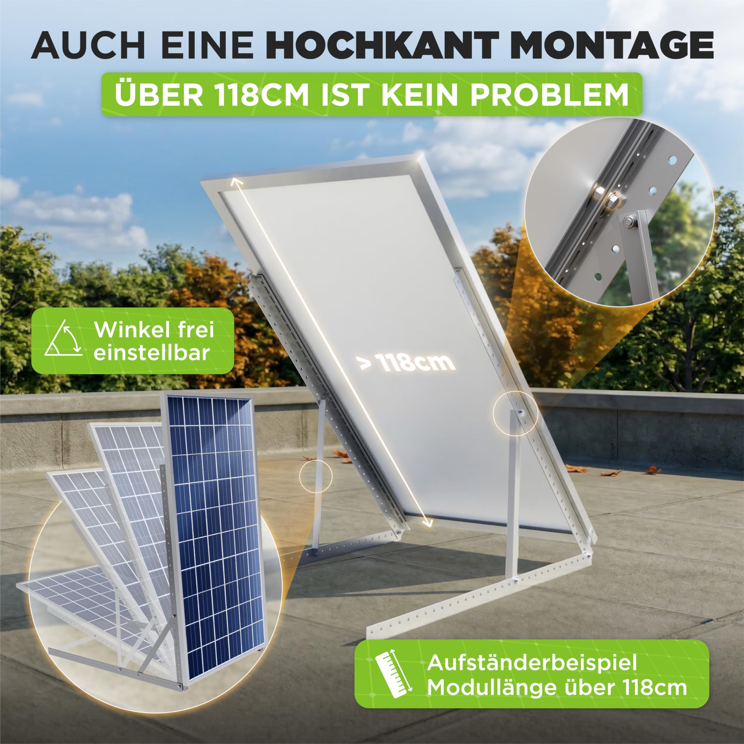 Drei Eichen - 4x Balkonkraftwerk Halterung.118cm stabiles 3mm Aluminiumprofil mit hochwertigen Edelstahl Schrauben für 2x Solarmodul Halterung. Befestigung für PV-Module Halterung Solarmodul 0% MwSt
