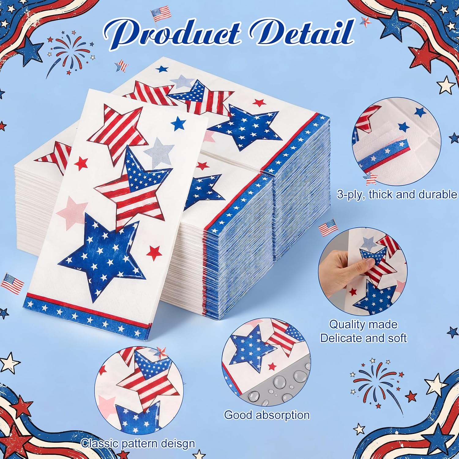 Yisong 100 Pcs 4th of July Napkins Independence Day Paper Guest Towels Disposable Memorial Day Hand Towels for Home Patriotic Happy 4th of July Party Supplies, 3 Ply (Star)