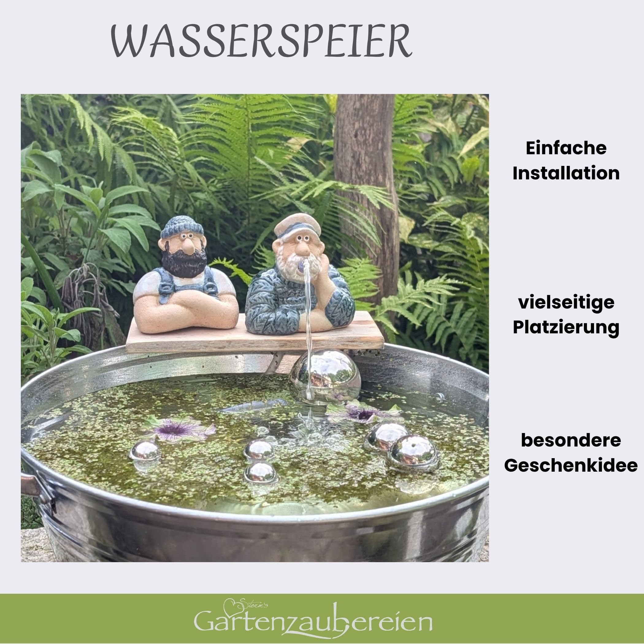 Storm's Gartenzaubereien Solar Miniteich Komplett-Set mit Zinkwanne – Wasserspeier Seemann Matrosen Figuren Duo aus Keramik, Solarpumpe, 6 Silberne Schwimmkugeln und saisonale Schwimmlinsen