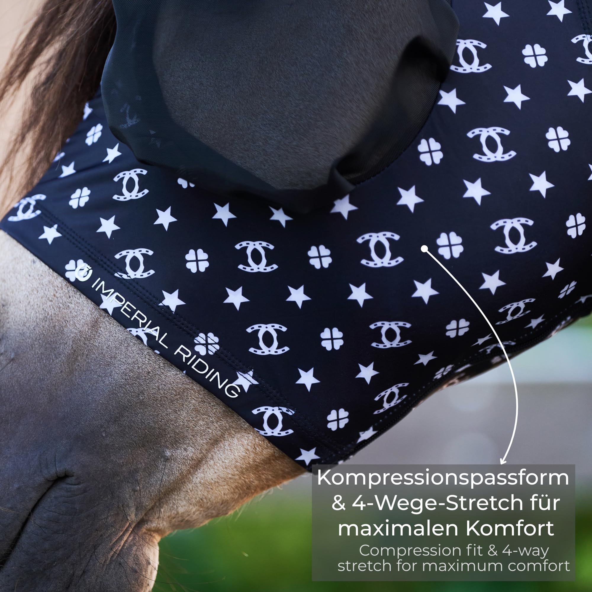 Imperial Riding Fliegenmaske „Trail Ride“ ohne Nasenschutz, Schwarz AOP, Full