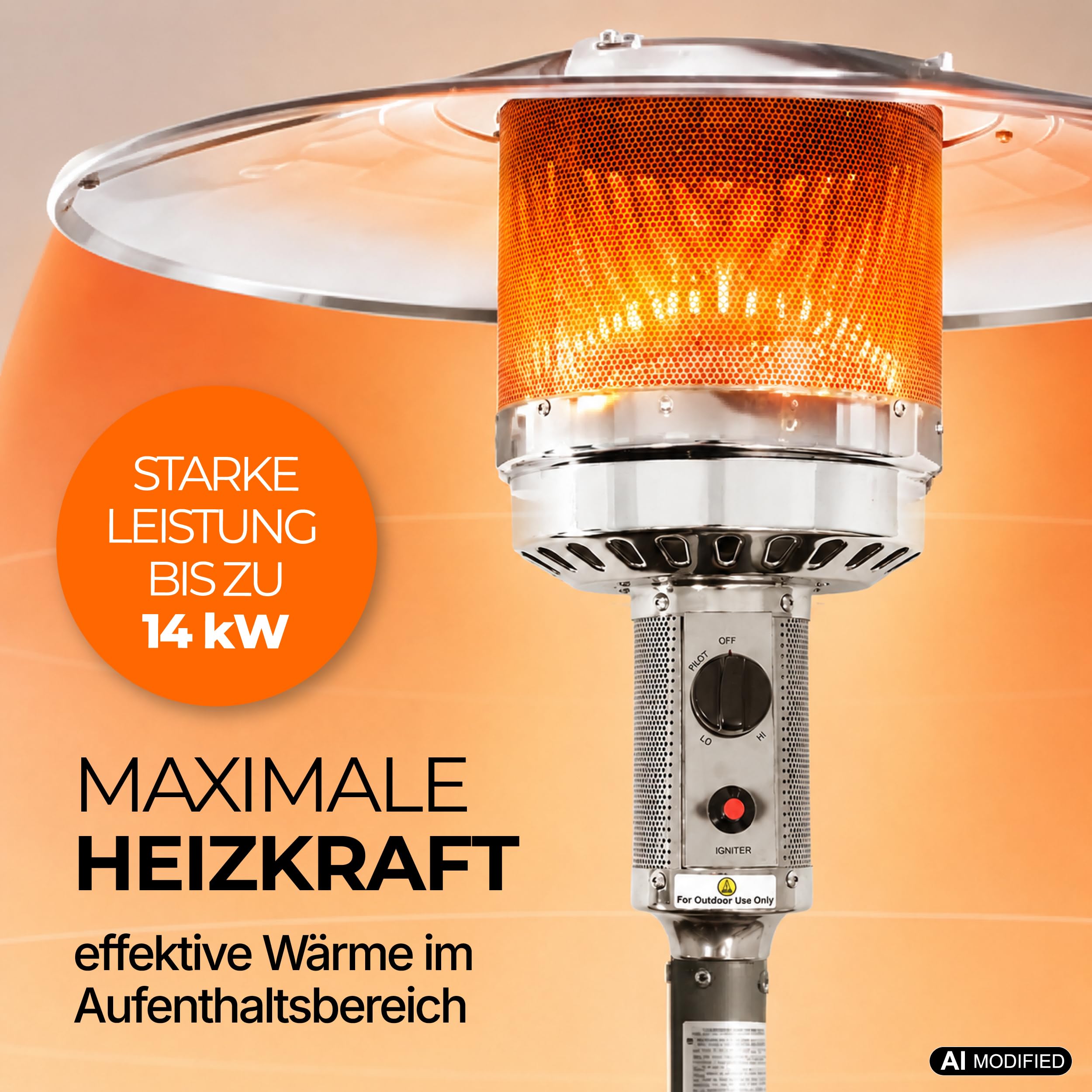 Lemodo Brenner für Heizpilz, Brennerkopf 14 kW, Piezo-Zünder, Edelstahl