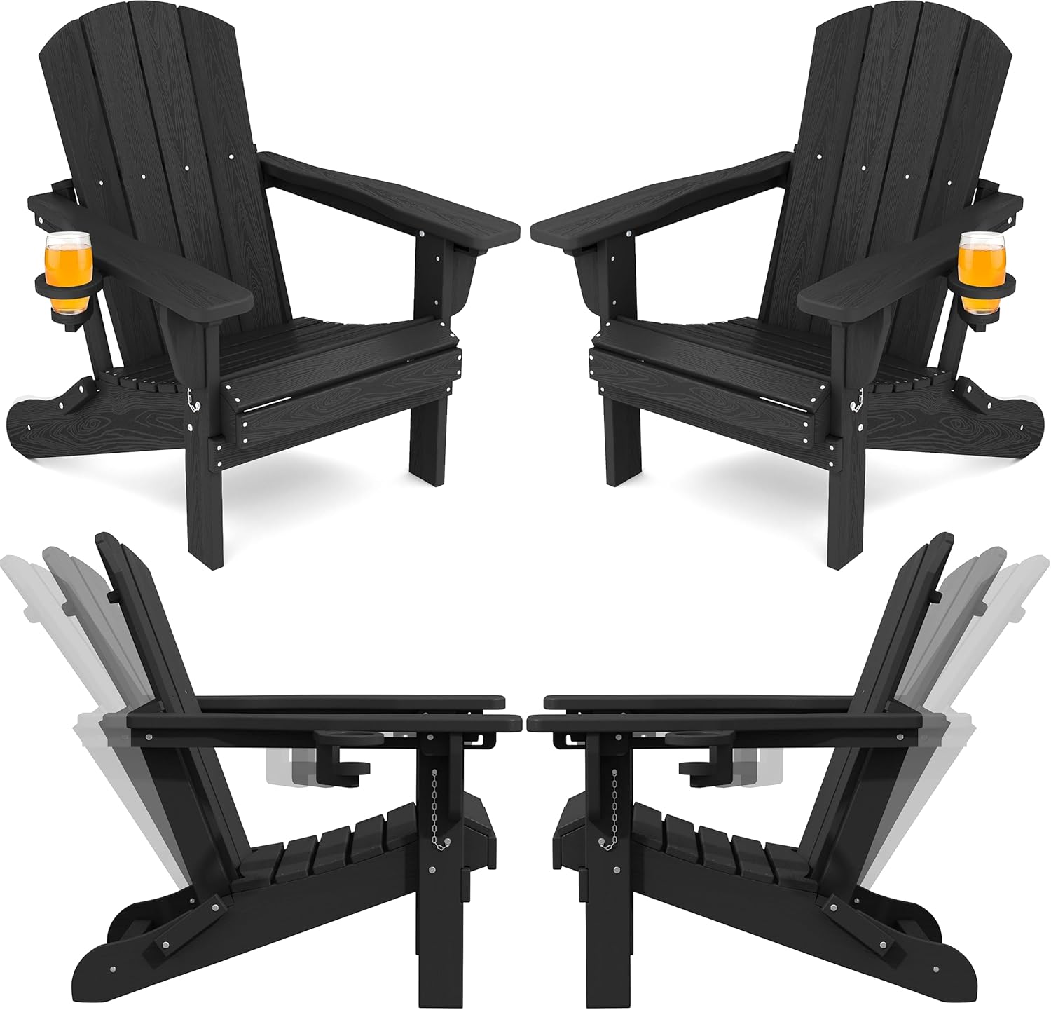 SERWALL Folding Adirondack Chair Set of 4, Reclining Adirondack Chair with Cup