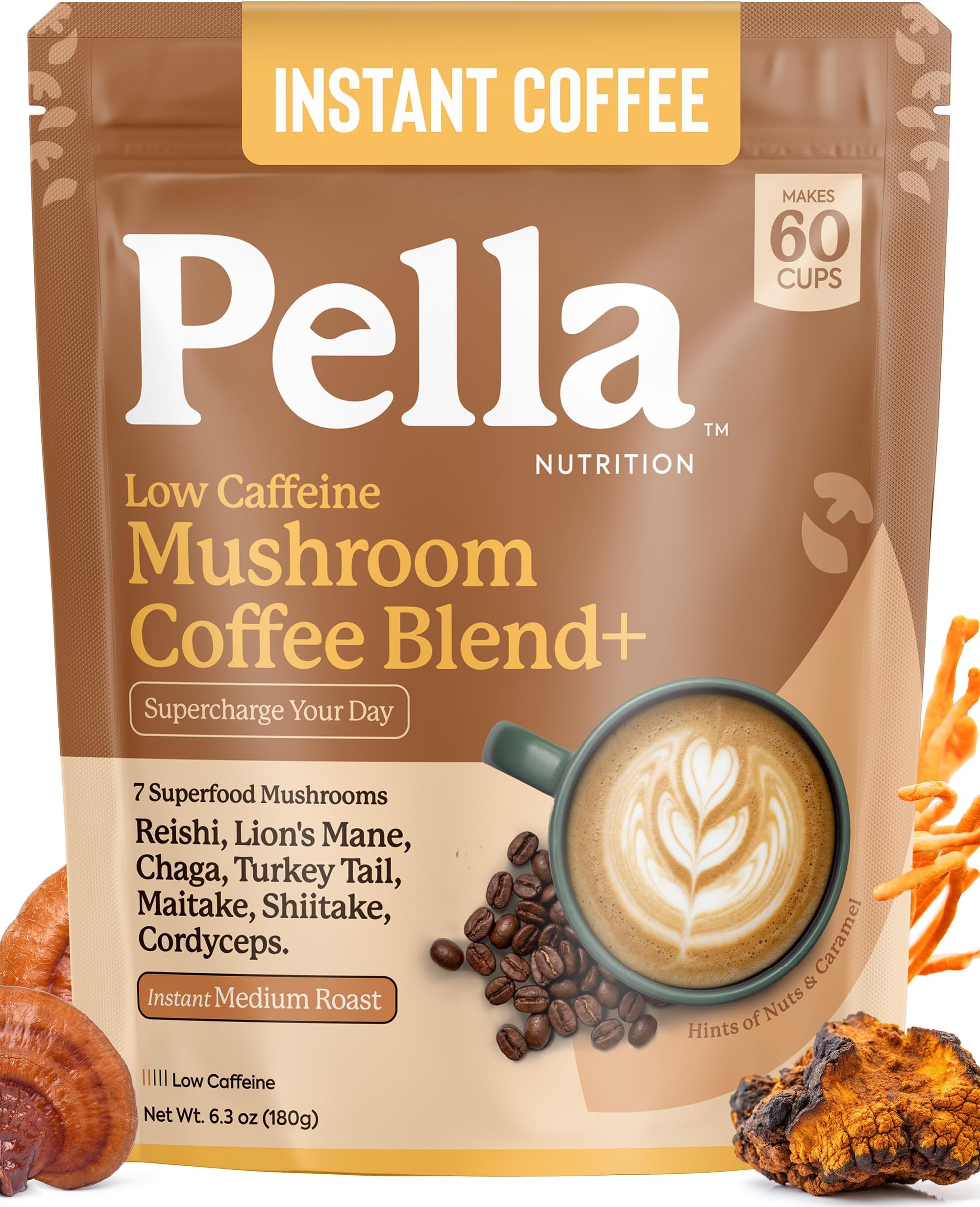Low-Caffeine Mushroom Coffee (60 Servings) โ Superfood Great Tasting Instant Coffee โ Includes Lion's Mane, Reishi, Chaga, Cordyceps, Shiitake, Maitake, and Turkey Tail Mushroom Supplement