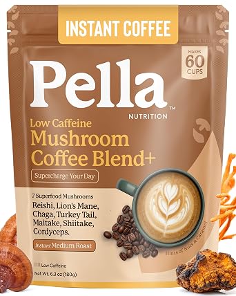 Low-Caffeine Mushroom Coffee 60 Servings Superfood Great Tasting Instant Coffee Includes Lions Mane, Reishi, Chaga, Cordyceps, Shiitake, Maitake, and Turkey Tail Mushroom Supplement