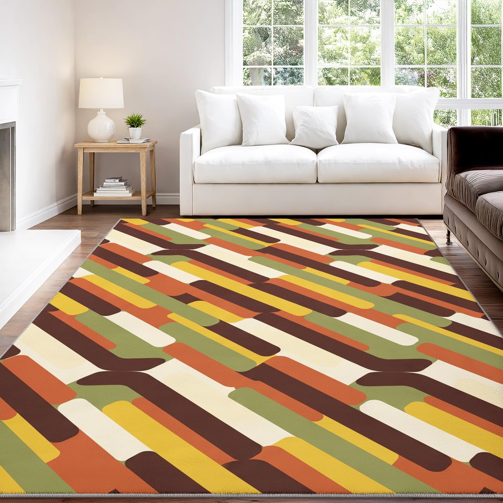 Tappeto lavabile per soggiorno, 140 x 200 cm, soffice per camera da letto, antiscivolo, a pelo basso, morbido, vintage, moderno, motivo geometrico per salotto