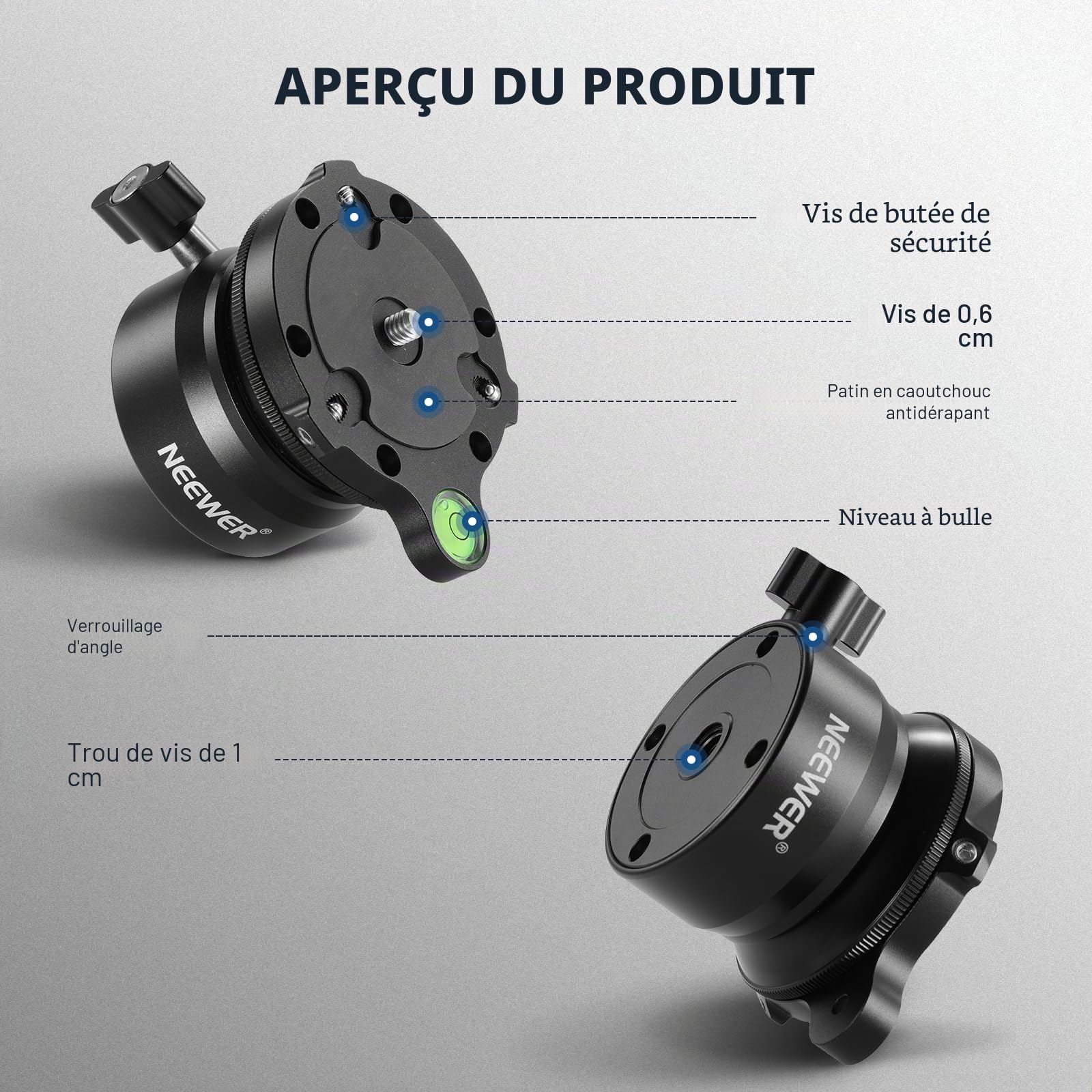 NEEWER Base de nivellement pour trépied (φ60 mm), nivelleur d'appareil Photo, Plaque de tête de trépied réglable en Aluminium avec Inclinaison de -15°/+15°, Niveau à Bulle, vis 6,35 mm
