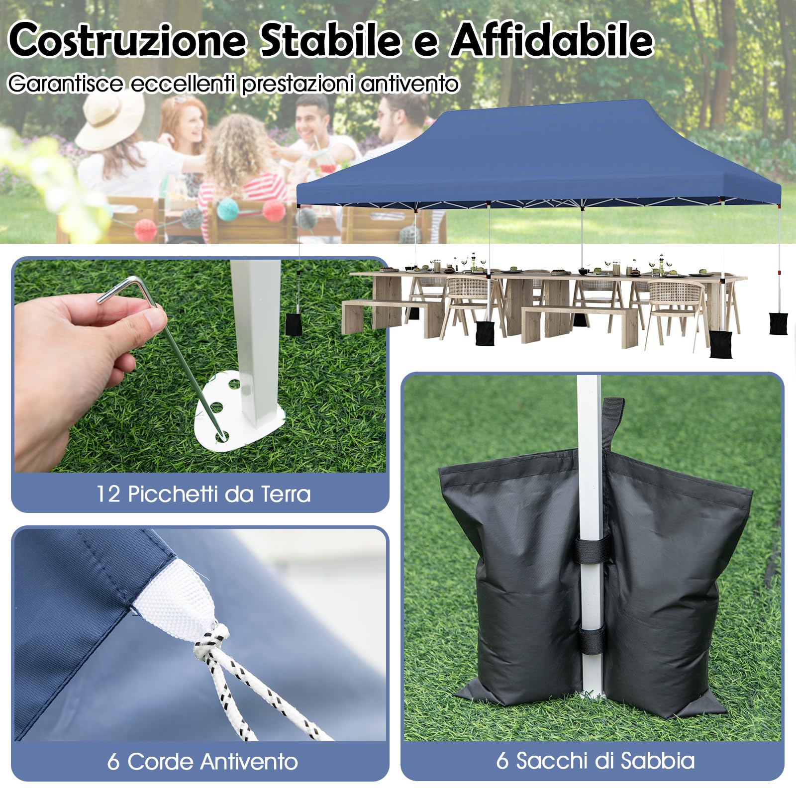 COSTWAY Gazebo Pieghevole da Giardino 3 x 6m, Gazebo Pop-up con Borsa da Trasporto, Regolabile in Altezza, per Feste (Blu)