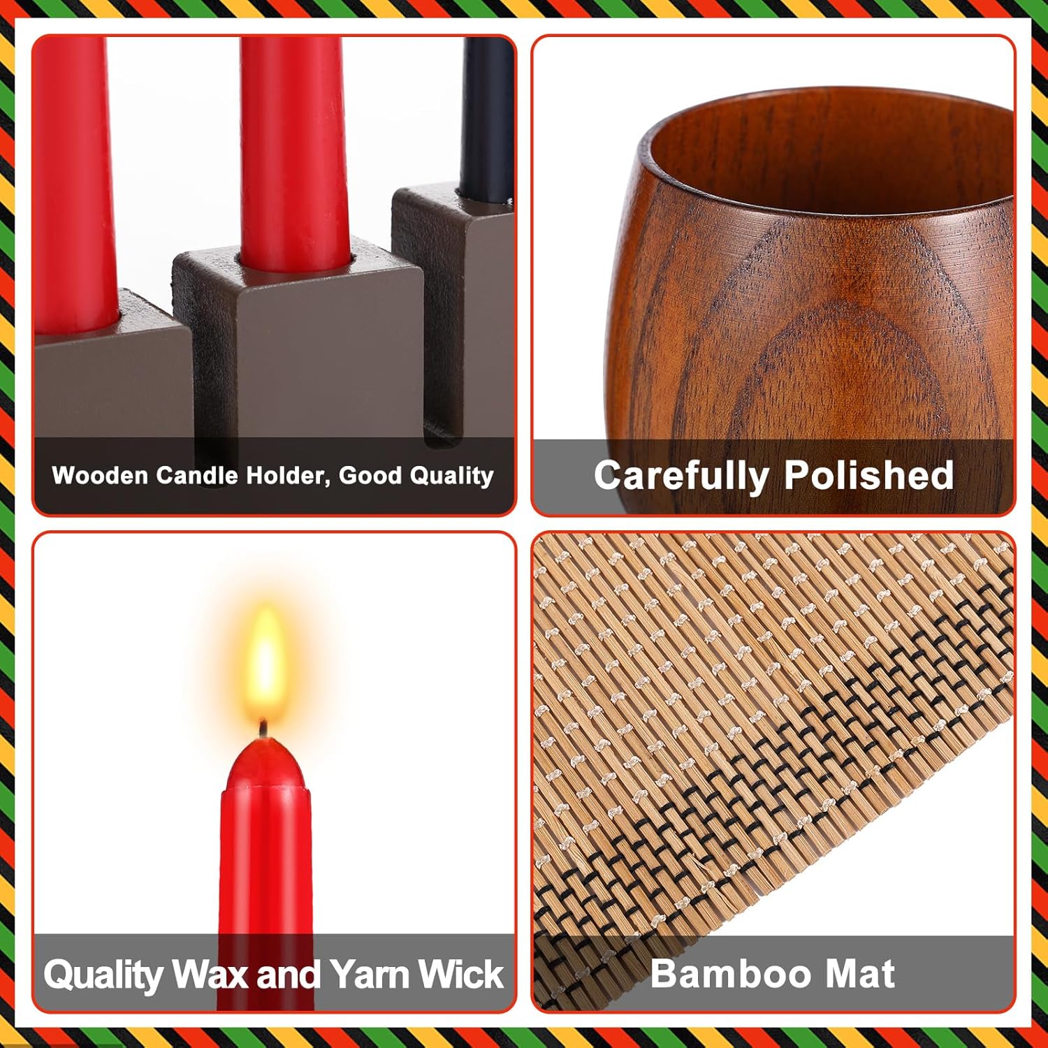 10 Pcs Kwanzaa Kinara Set - 3 Red, 3 Green, 1 Black Kwanzaa Candles Holder with Bamboo Table Mat & Wooden Wine Goblet for Celebration Decoration