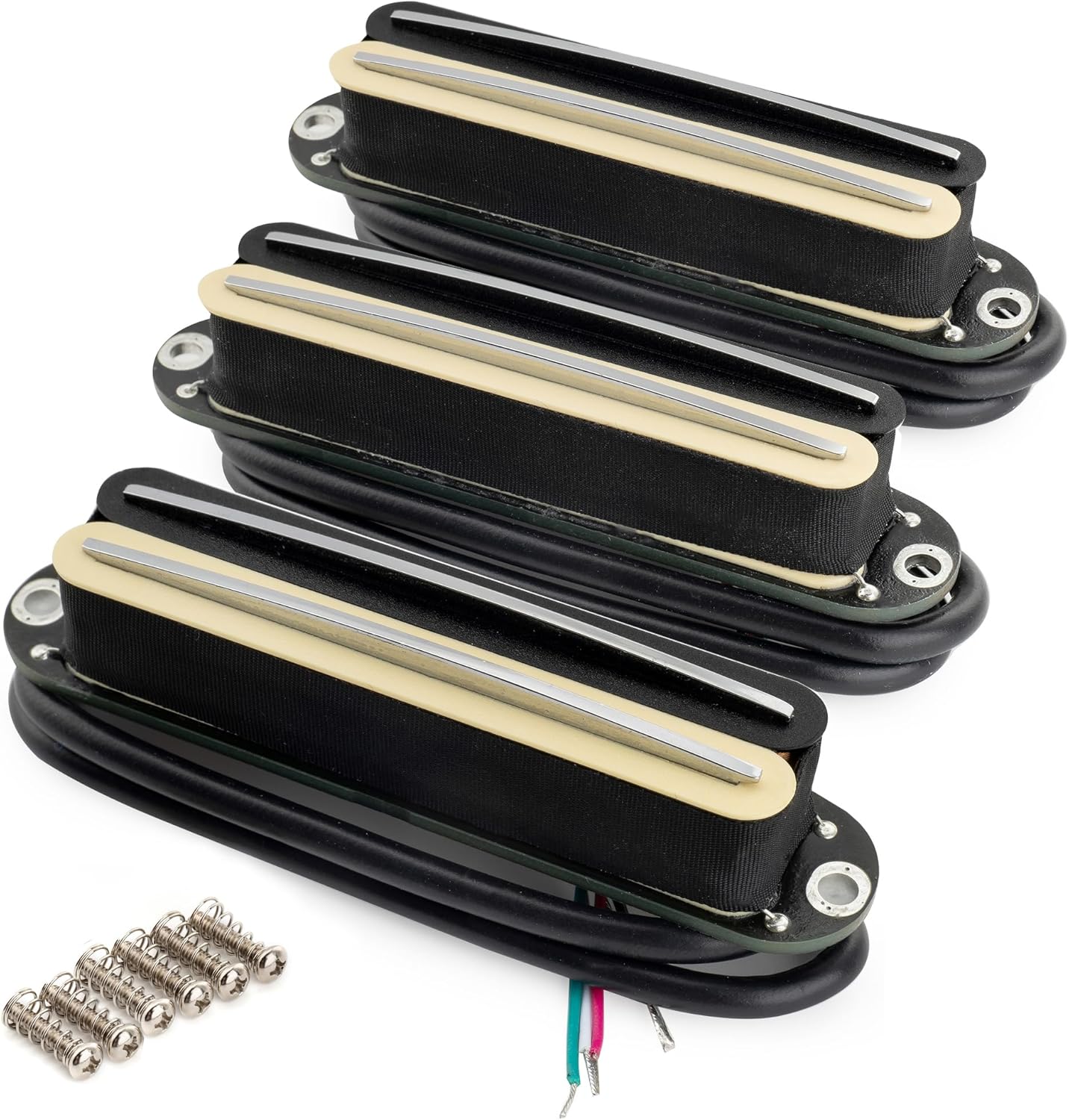 Musiclily Pro ST-DPHC Ceramic Rail Blade Single Coil Sized Humbucker Super Distortion Neck Middle Bridge Pickups Set for Strat Style Electric Guitar, Zebra Body Chrome Rail