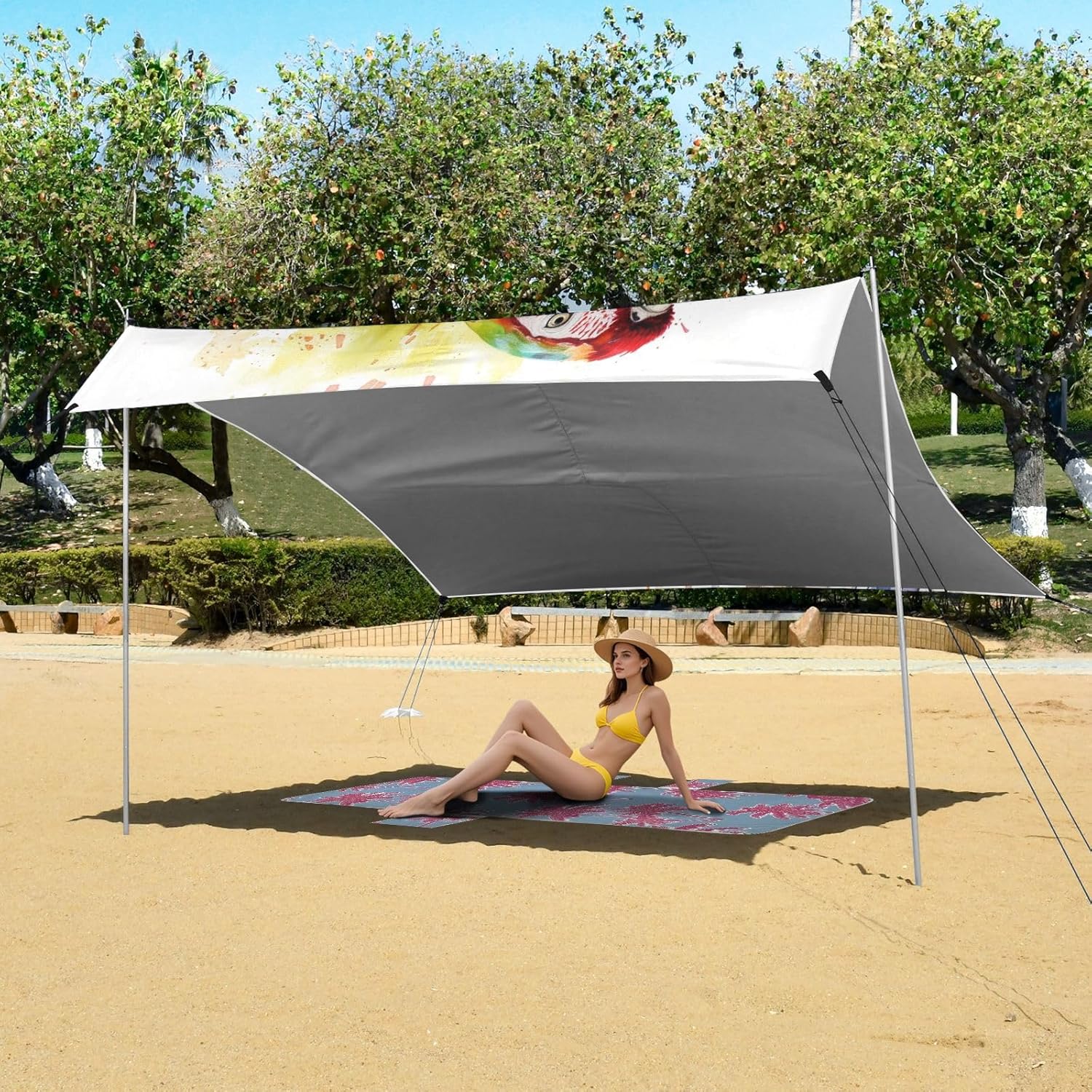 ALAZA Parrot Portrait Beach Tent Sun Shelter UPF50+ Protection Beach Shade Canopy w/ 4 Sandbags for Outdoor Camping, Fishing, Backyard Fun, Picnic, 10x9 ft