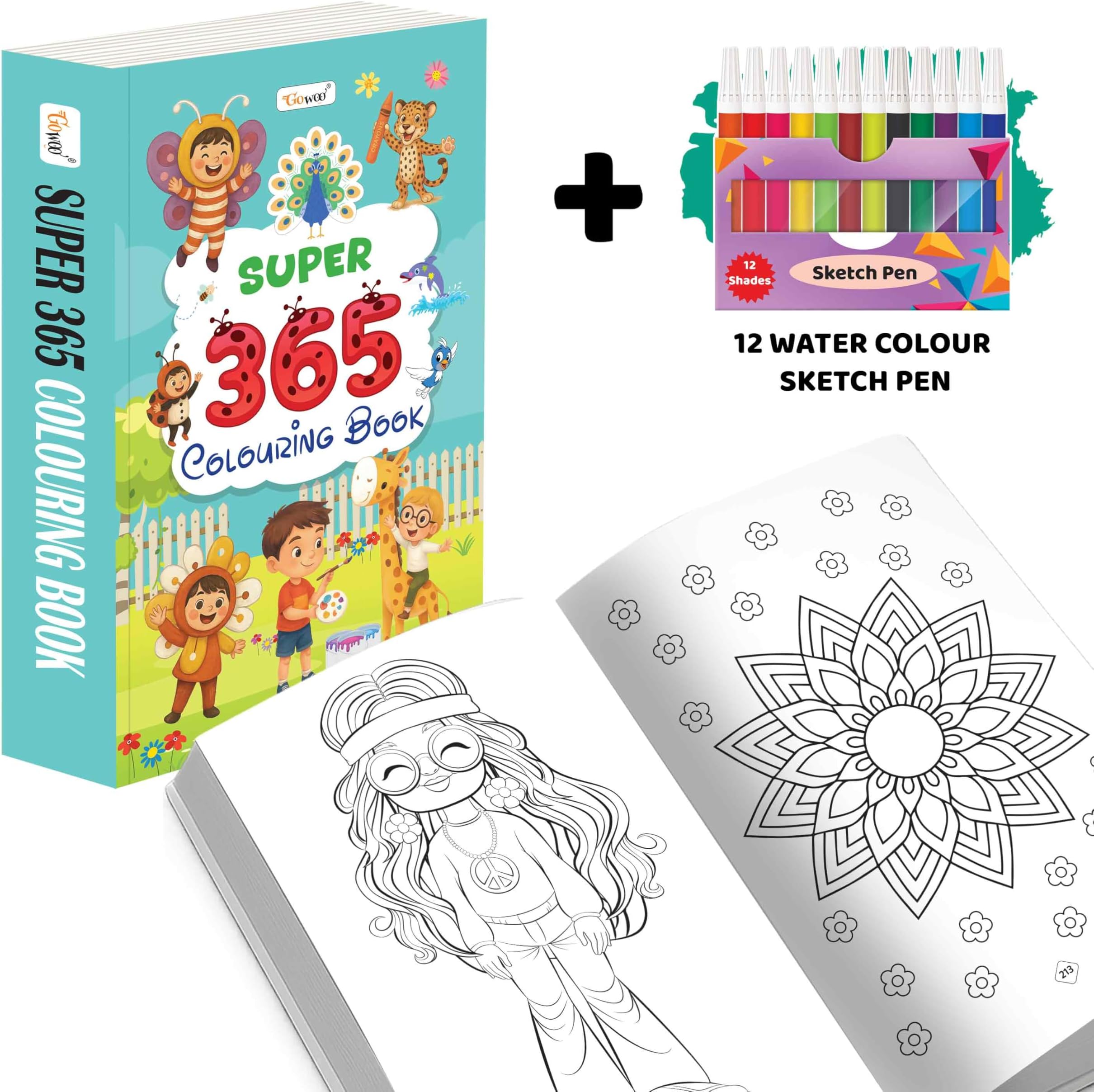 SUPER - 365 Colouring Book and 12 Water Colour Sketch Pens :- vibrant colouring book for preschoolers, super colouring adventure for kids, engaging toddler art book, daily kids art book