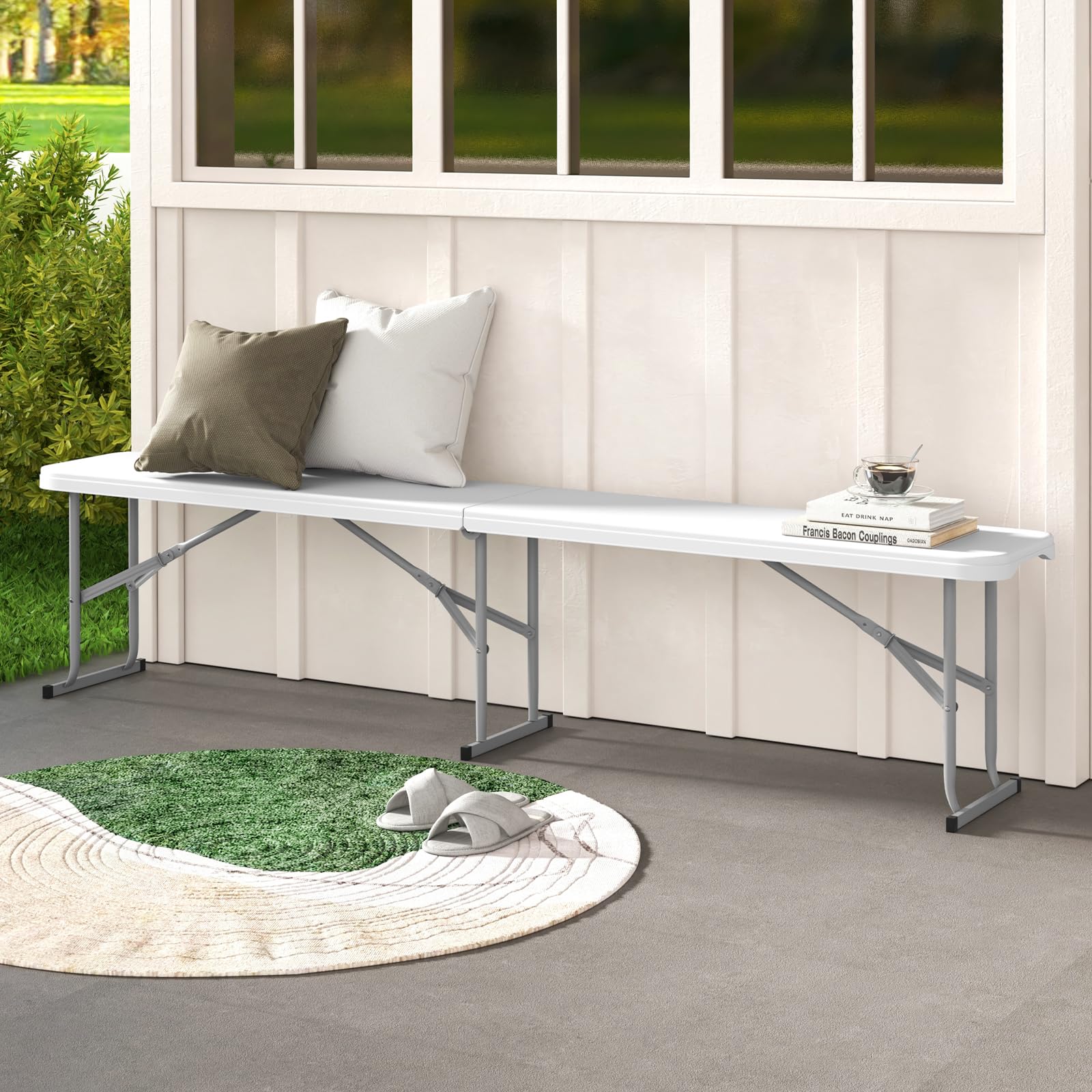 KOMFOTTEU Panca da Giardino Pieghevole in Plastica, Panchina da Esterno Portatile con Maniglia di Trasporto, Panca da Campeggio con Telaio in Metallo, per Patio, Picnic, Portata 300 kg (Bianco II)