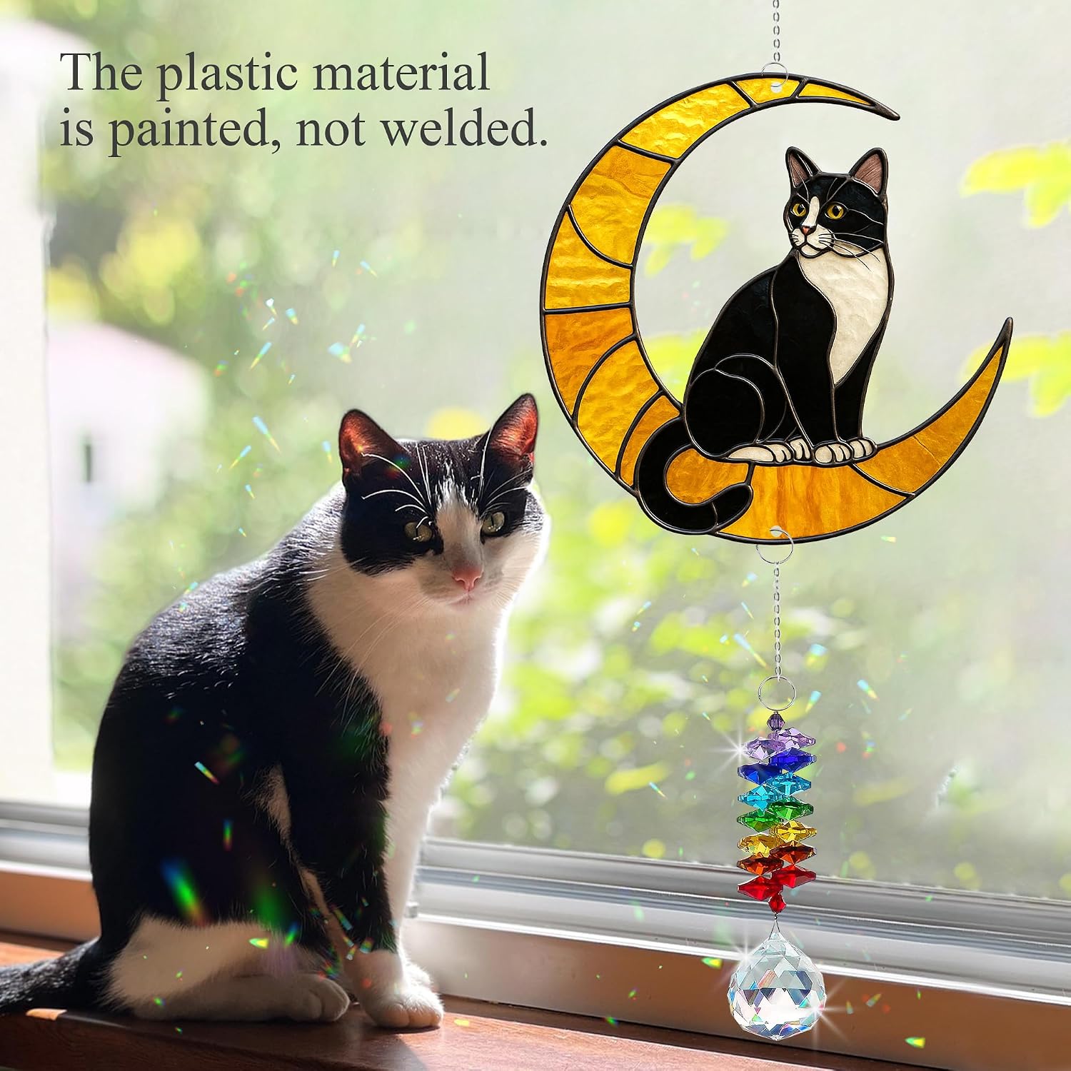 Tuxedo Cat Suncatcher – Black and White Cats Decor Hanging on Moon with Crystal Prism – Tuxedo Cat Gifts for Women, Home or Garden Gift Idea