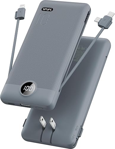 VRURC Portable Charger Built-in Cables and AC Wall Plug, USB C Power Bank 10000mAh, Travel Battery Portable Phone Charger Compact Lightweight