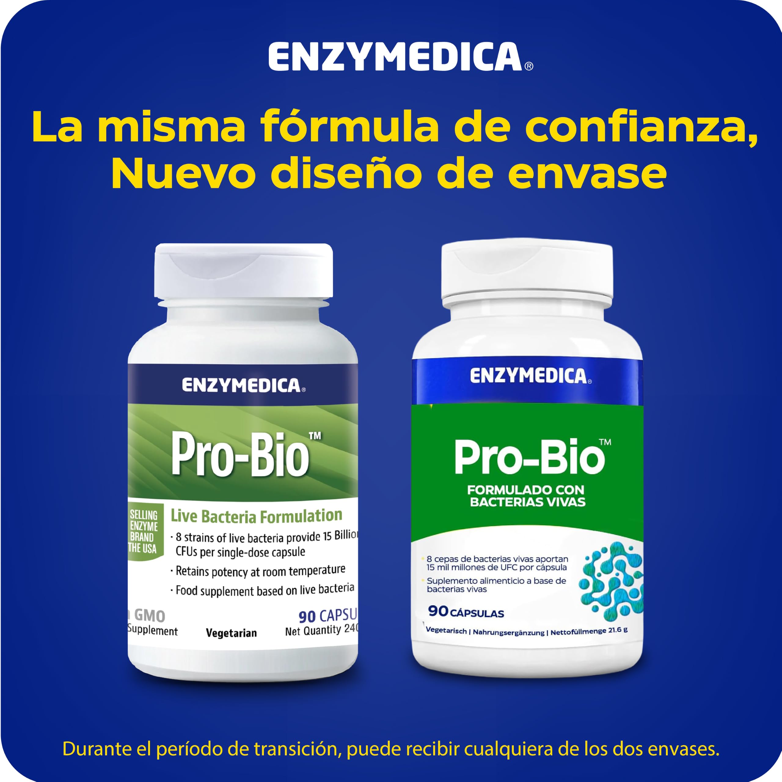 Enzymedica, Pro-Bio, Para un Intestino Sano, Aumenta la Digestión y la Regularidad, Reduce la Hinchazón y los Gases, Con 15 Mil Millones de UFC, Sin Gluten, 90 Cápsulas