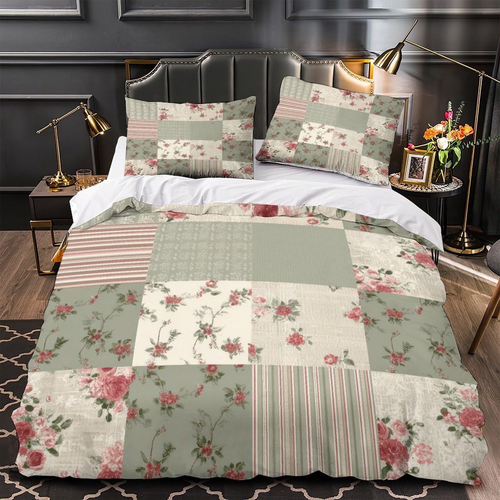 Parure de couette 3 pièces grand lit déco chambre ado fleurs vintage 3D