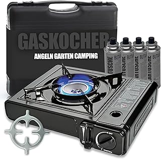 TruWare Campingkocher mit 4 MSF-1A Kartuschen – 1-flammiger Gaskocher 2,1 kW mit Herdkreuz für Espressokocher | Ideal für Camping, Outdoor, Reisen & Notfälle