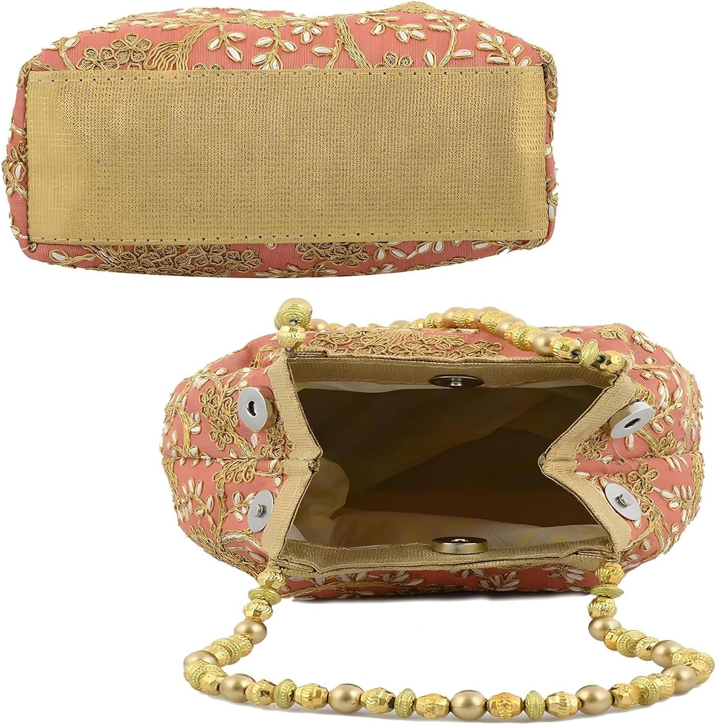 Women's Embroidered Potli Batwa Pouch Bag, Peach