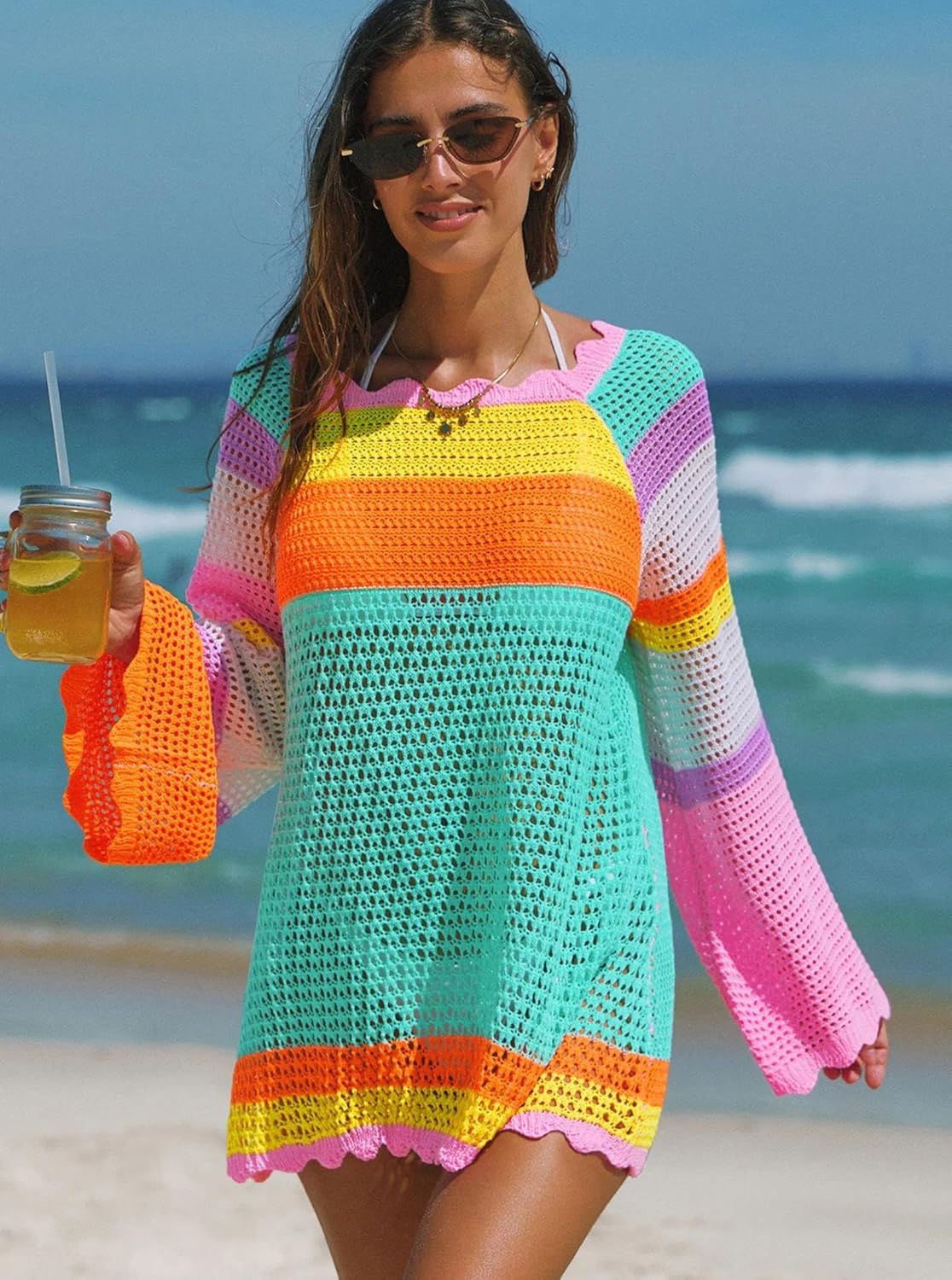 popvil Women’s Crochet Swimsuit Coverup Beach Bathing Suit Swimwear Long Sleeve Mesh Knit Color Block Cover Up Dress 2026