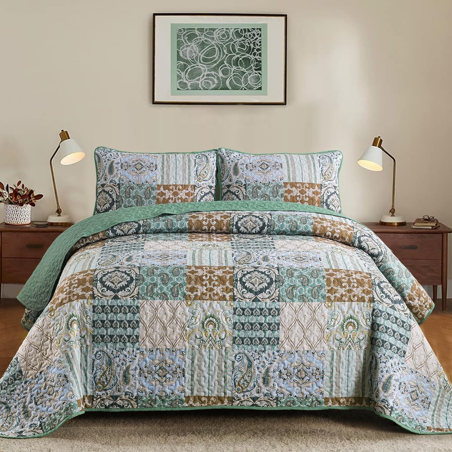Amazon.com: WONGS BEDDING Boho Quilt Set King Size, Paisley Patchwork ...
