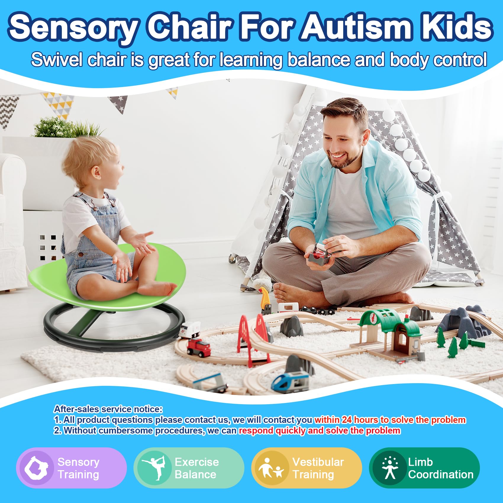 NeoKaleido Kids Sensory Swivel Chair, Autism Sensory Spinning Chair for Autistic Kids, Small Space, Spin Seat, Metal Base, Non-Slip Design, Green