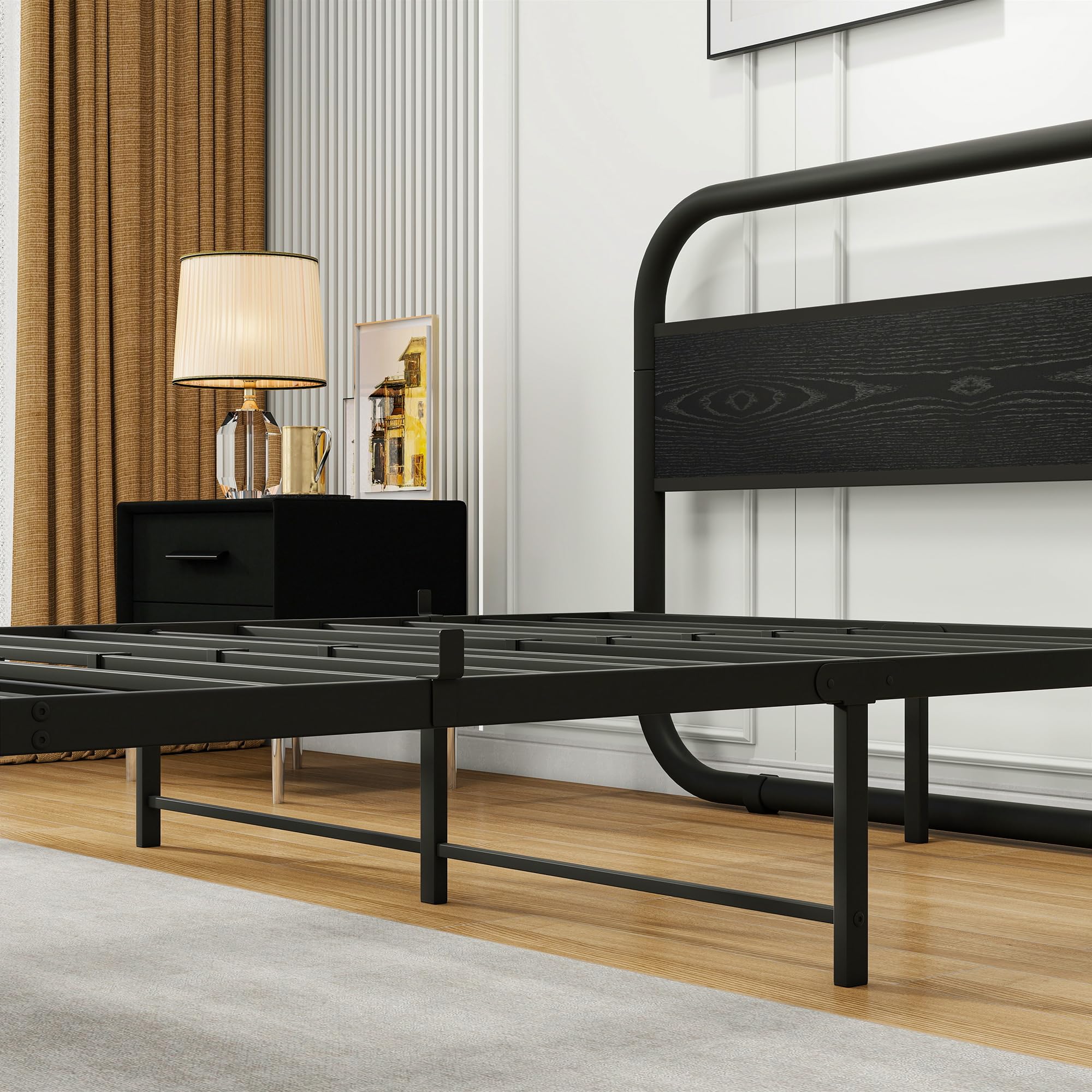 HOMERECOMMEND Metalowe łóżko 120 x 200, rama łóżka z metalu i drewna ze stelażem, rama łóżka 120 x 200 cm z zagłówkiem, owalne łóżko platformowe z miejscem do przechowywania pod łóżkiem, czarne