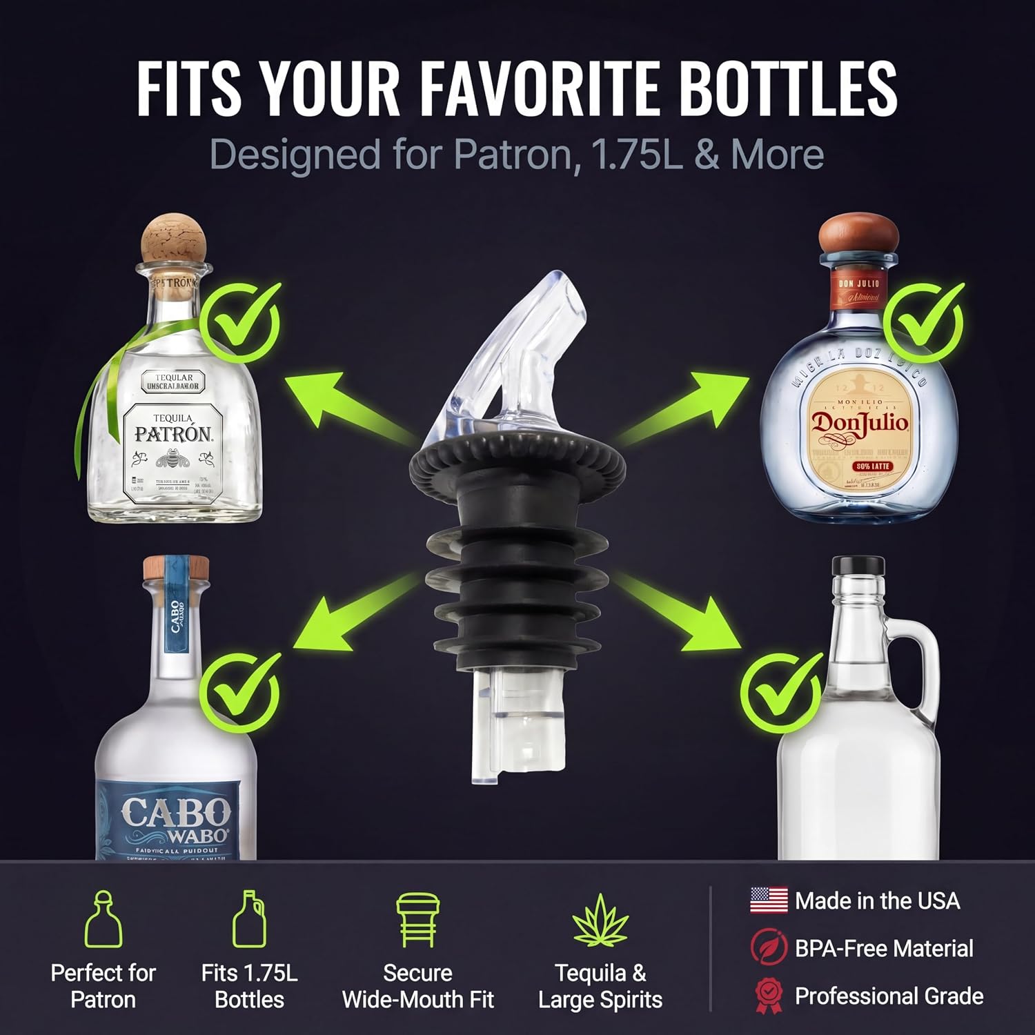 Speed Pourer - Patron Pour Spout - Made 100% In The USA. Free Flow Bar Spouts That Don't Leak - No Cracks, Just A Smooth Cocktail Pour Every Time. (Clear)