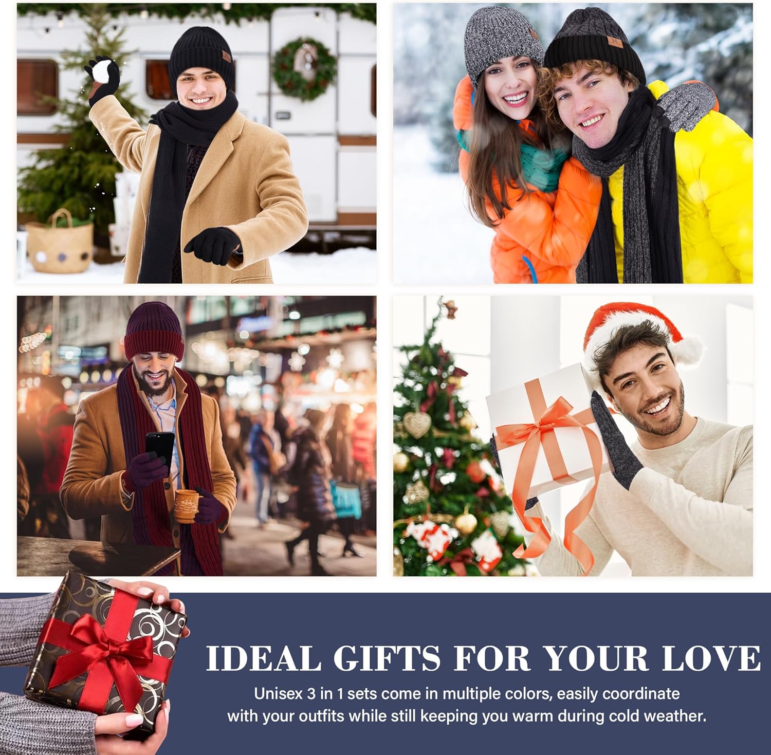 FZ FANTASTIC ZONE Mens Winter Knit Hat Beanie Long Neck Scarf Touchscreen Gloves Set Fleece Skull Caps Gifts for Men Women - Image 6