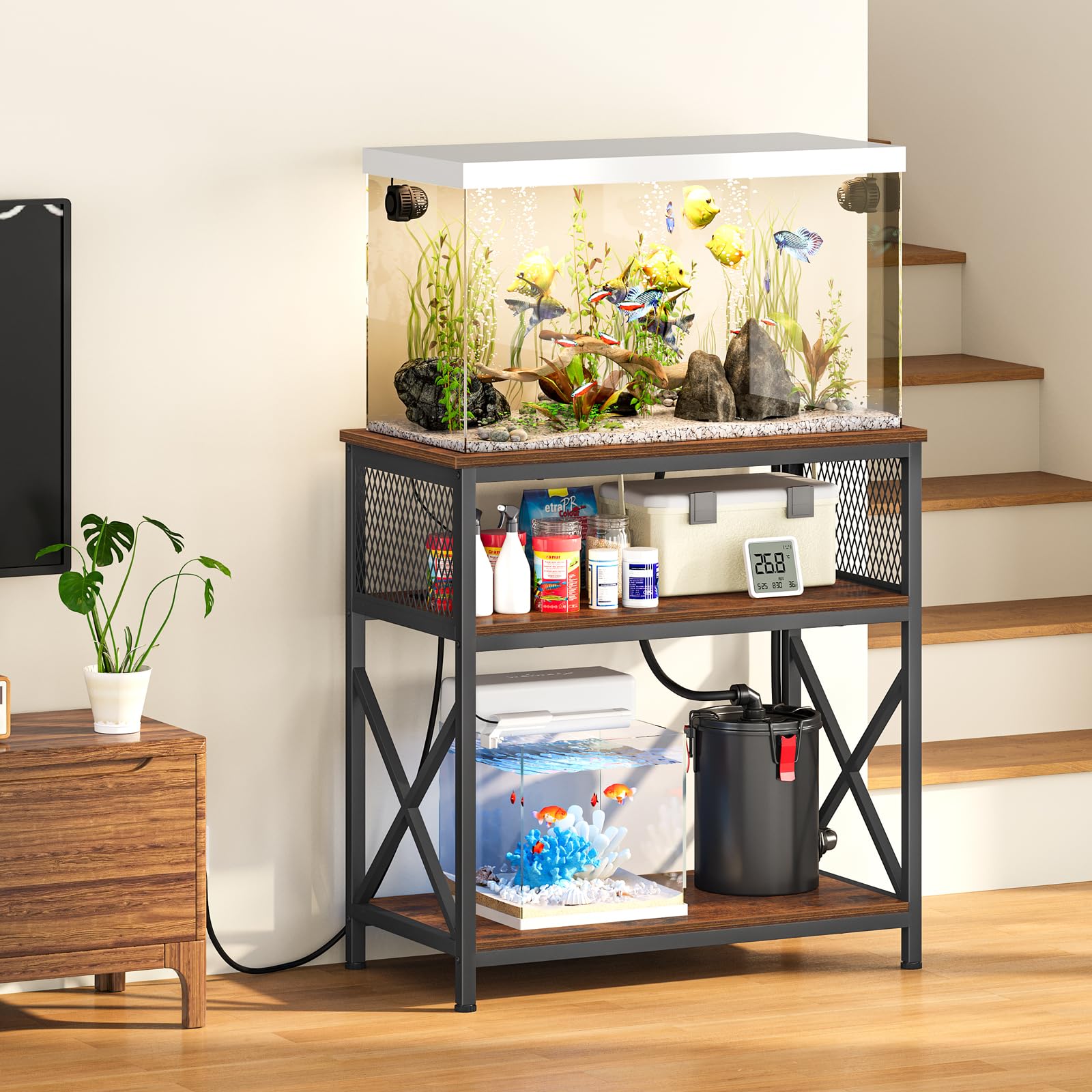 Snughome Support d'aquarium de 75 litres avec station de charge, support d'aquarium robuste avec armoire de rangement, support d'aquarium en métal pour aquariums de 60 de long, 85 et 90 litres