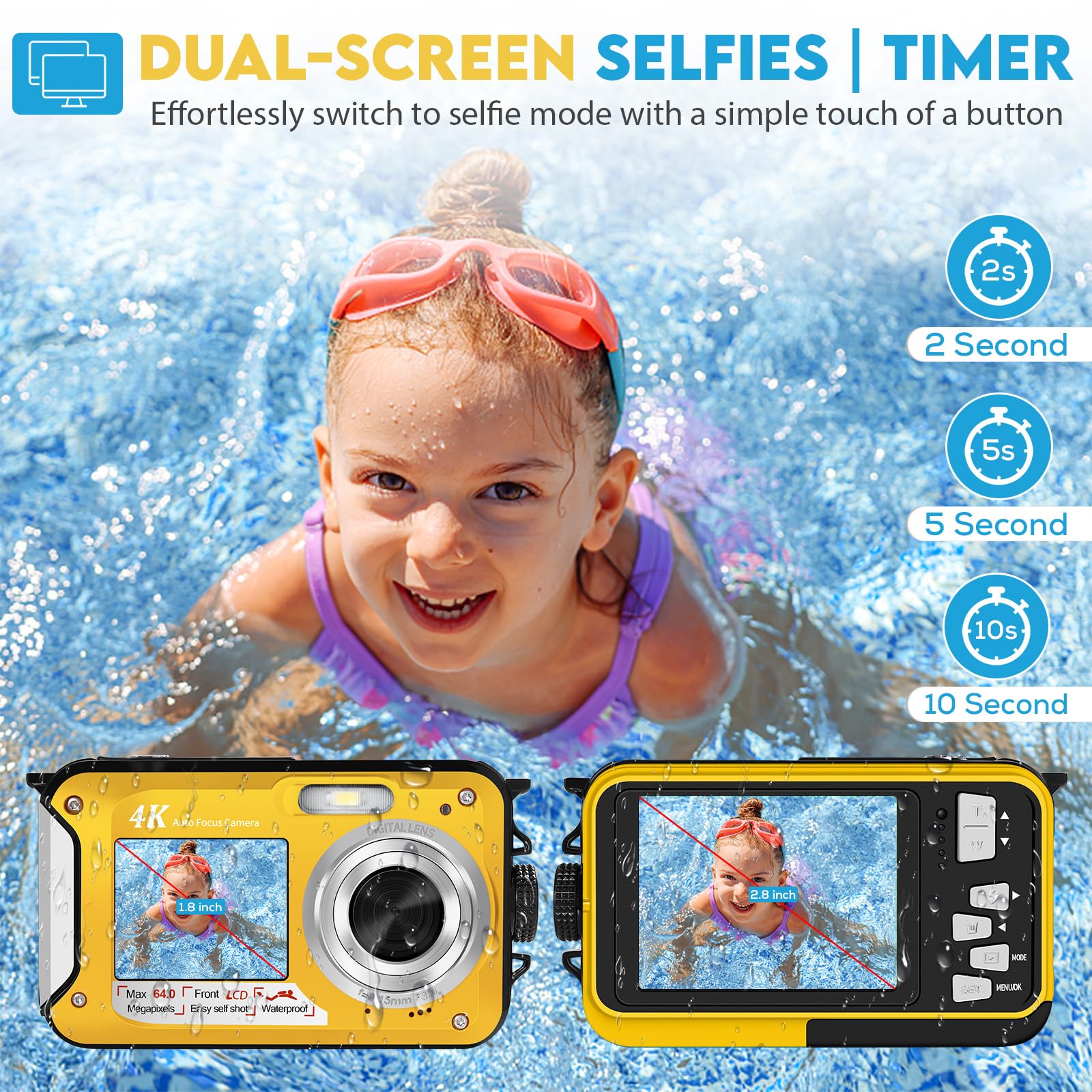 64MP Macchina Fotografica Subacquea Con Scheda Di Memoria Da 64 GB, 4K Fotocamera Subacquea Con Autofocus E Doppio Schermo Selfie HD, 5 Metri Fotocamera Subacquea Digitale (2 Batterie)