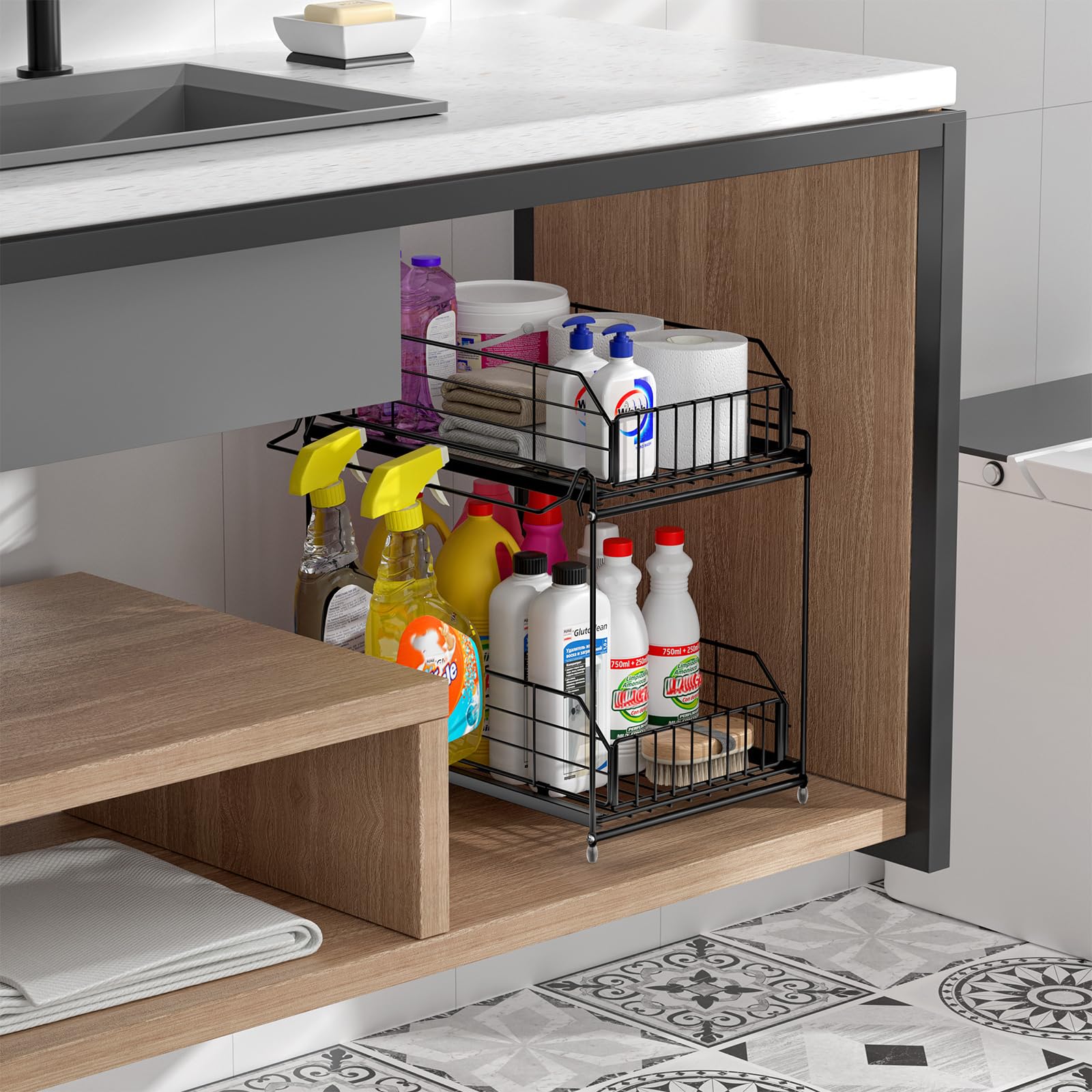 SUEH DESIGN Organizadores y almacenamiento para debajo del fregadero, almacenamiento de metal de 2 niveles con riel para colgar para cocina, baño, organizador de gabinete, paquete de 2
