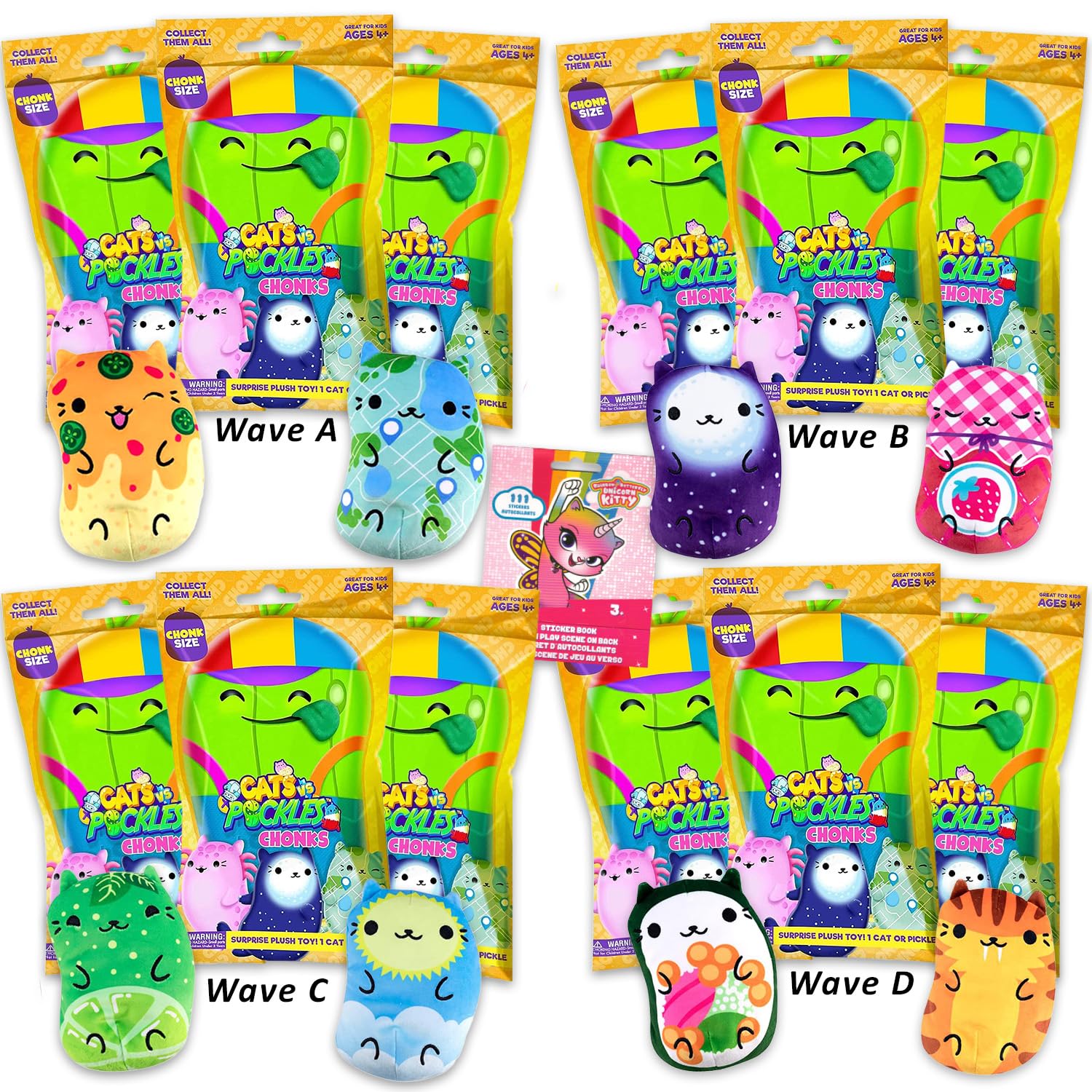 Cats vs PicklesChonks Plush Mystery Bags Variety Bundle ~ 12 Pack Gold Wave A, B, C, and D Super Soft Bean-Filled Plushies for Kids Boys Girls | Cats Vs Pickles Plushie Set