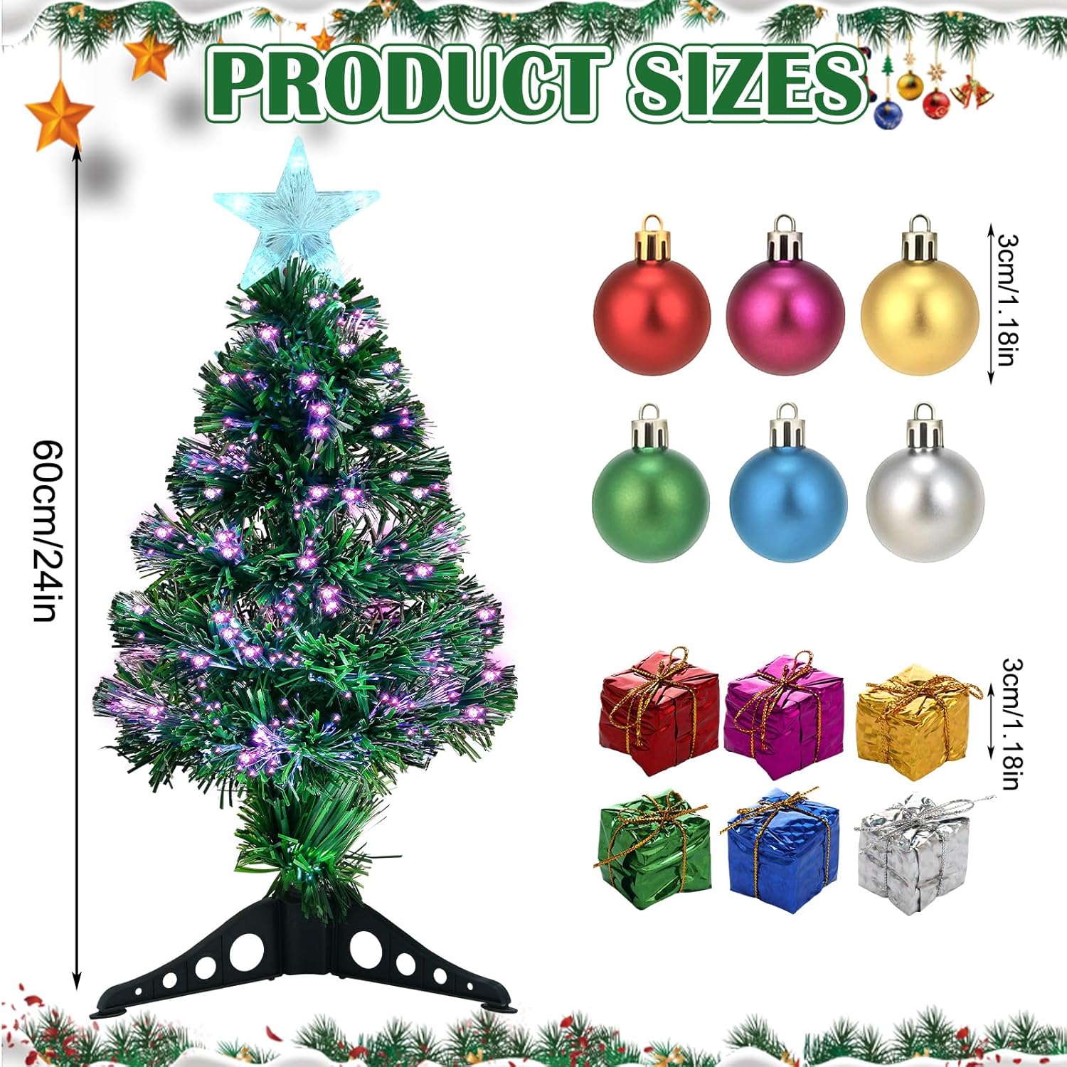 Cinnvoice 24 Inch Green Fiber Optic Christmas Tree, Pre Lit Artificial Mini Christmas Tree, Small Tabletop Xmas Tree with Christmas Balls Star Gift Boxes Ornaments for Holiday Decorations Office Home