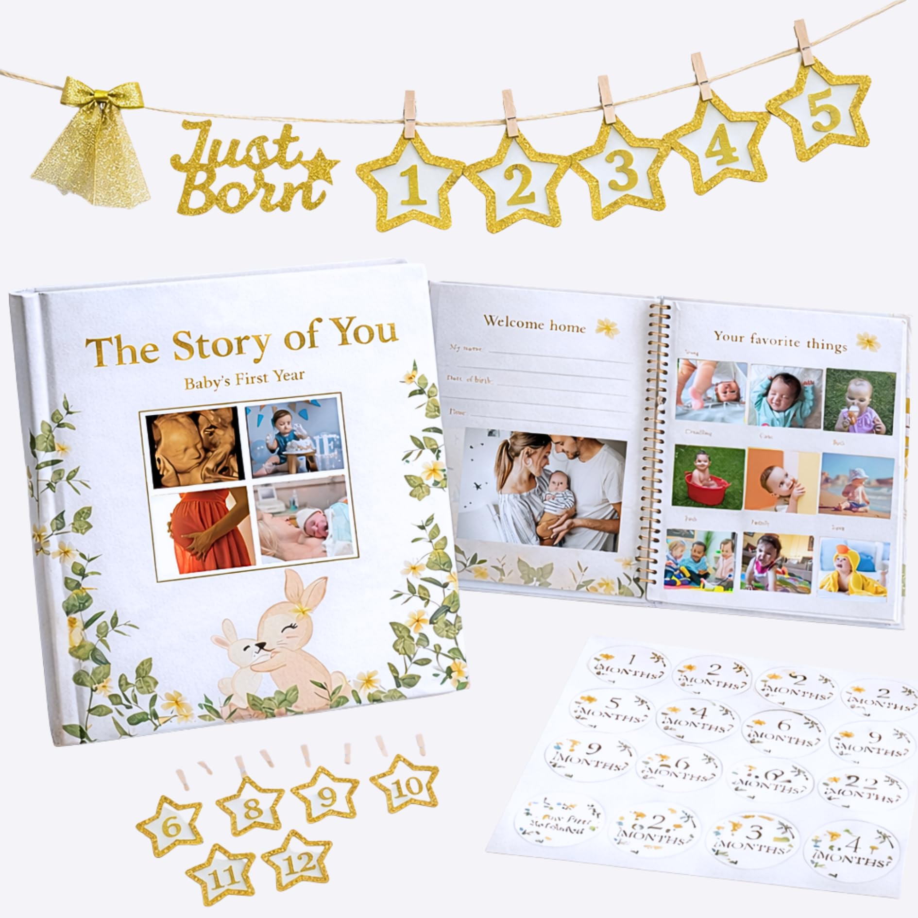 Libro de recuerdos para bebé con pancarta mensual de fotos y calcomanías, diario de recuerdo de primer año y álbum de fotos, tapa dura neutra de género para recién nacidos y baby shower