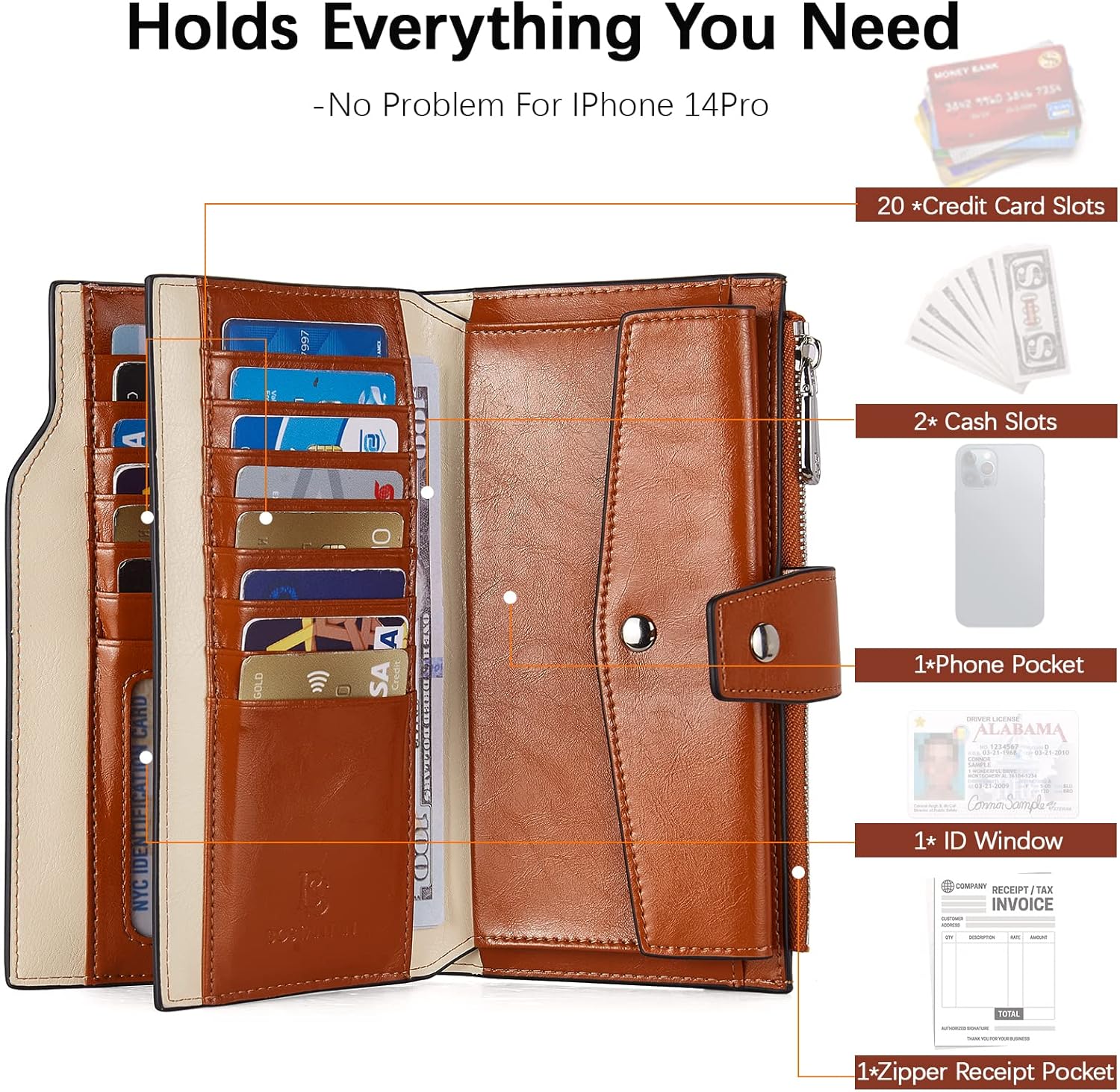 BOSTANTEN Womens Wallet Genuine Leather Wallets Large Capacity Cash Cluth Purses with Zipper Pocket Beige-Brown - Image 2