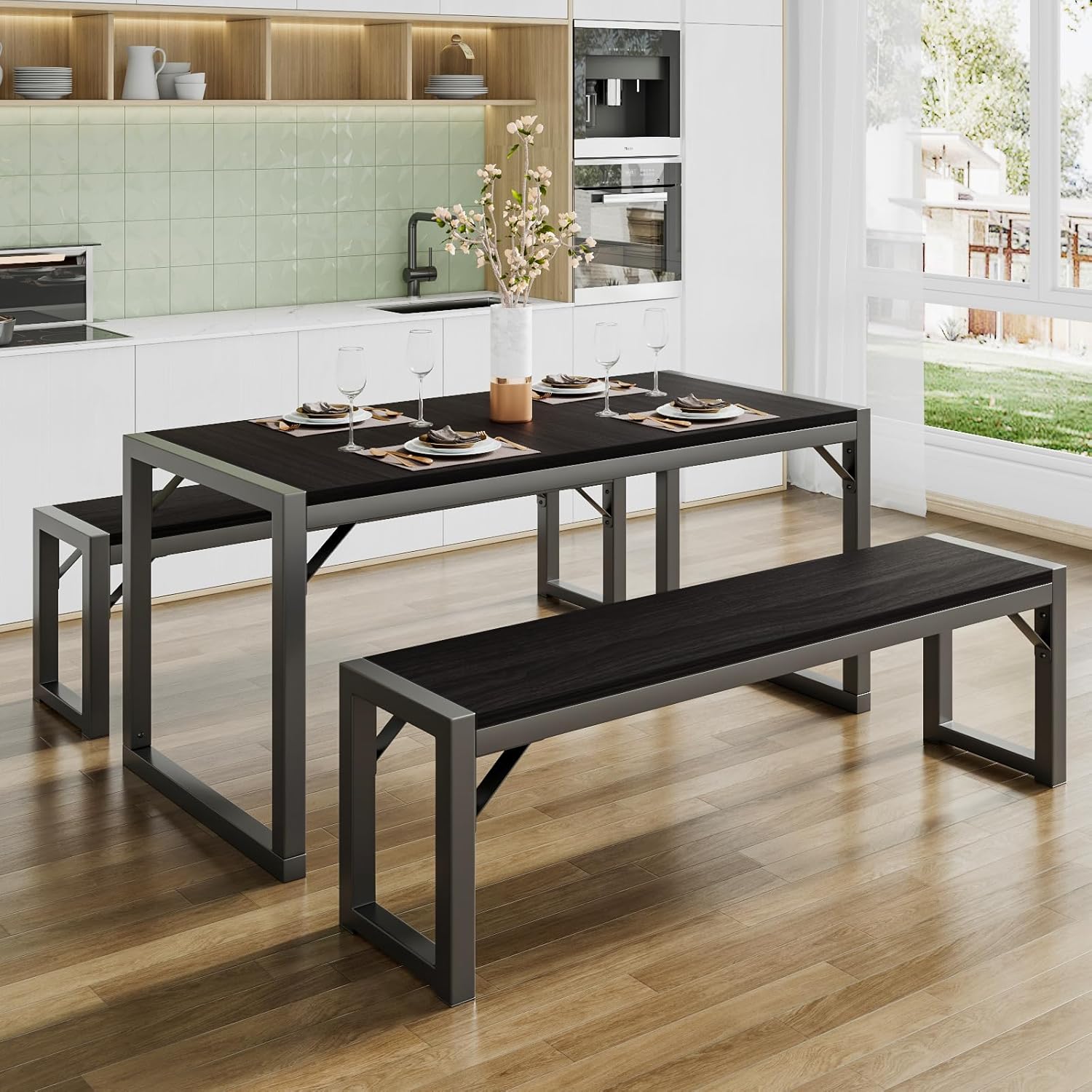 SHA CERLIN Kitchen Dining Table Set for 4 with Benches, Rustic Small Space Saving Dinette, Heavy Duty Metal Frame SHA CERLIN Kitchen Dining Table Set for 4 with Benches, Rustic Small Space Saving Dinette, Heavy Duty Metal Frame
