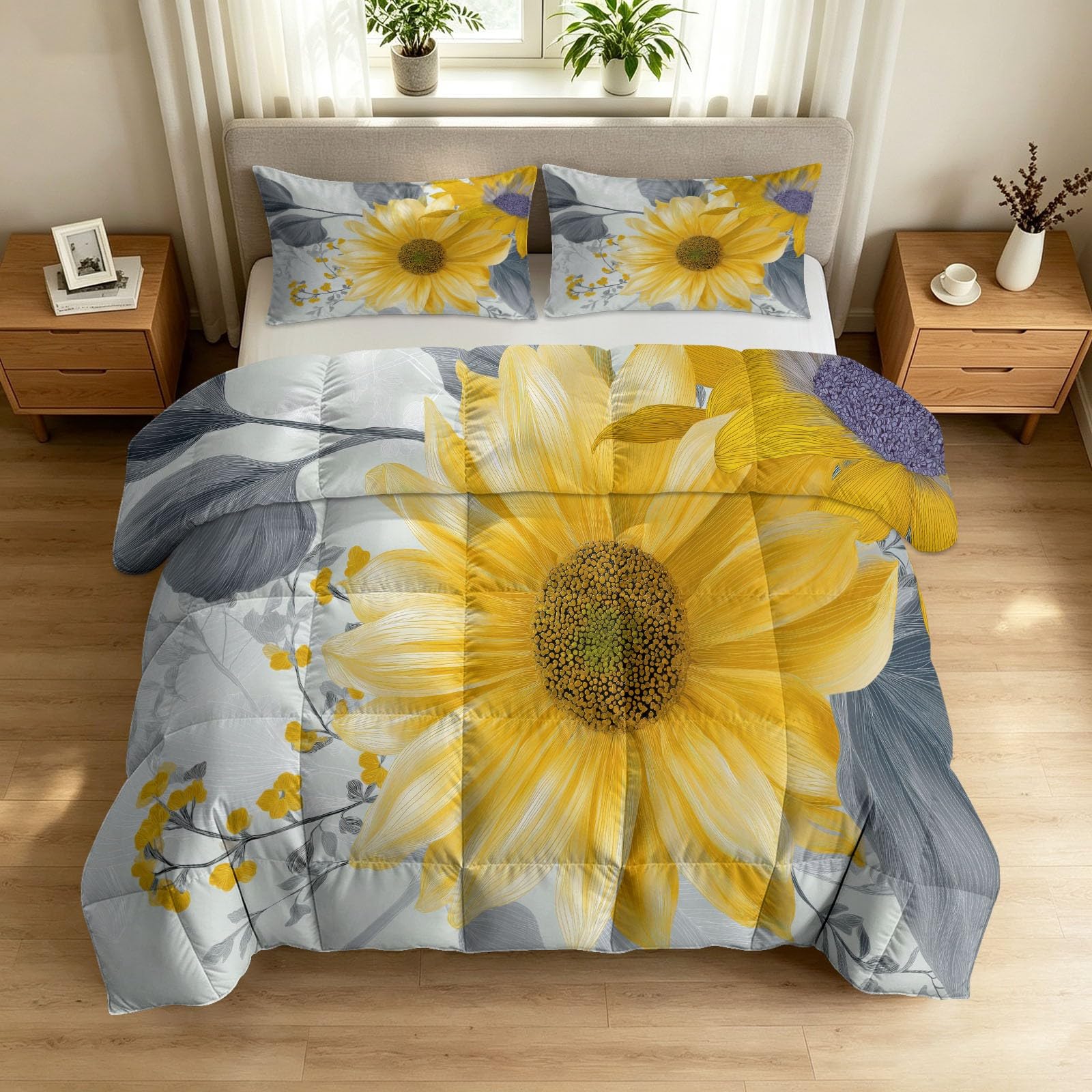 Piumino da 135 x 200 cm, 4 stagioni, con girasole botanico, fiori sparsi, caldo, delicato sulla pelle, per tutto l'anno, 135 x 200 cm, moderno, senza rivestimento, lavabile, con 2 federe da 80 x 80 cm