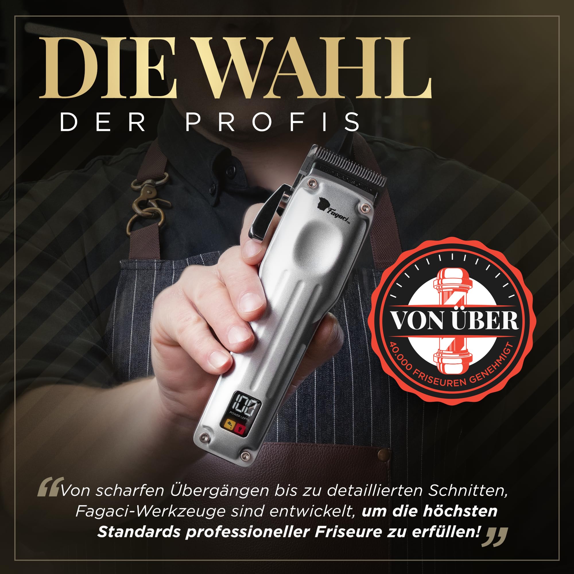 Fagaci Haarschneidemaschine Profi Herren, 2 Klingen Fade und Taper | Fade- und Taper-Klingen, Wechsel per Klick, Keramik oder DLC, kühler Betrieb, 3x Motorlebensdauer, 5x Klingenschärfe