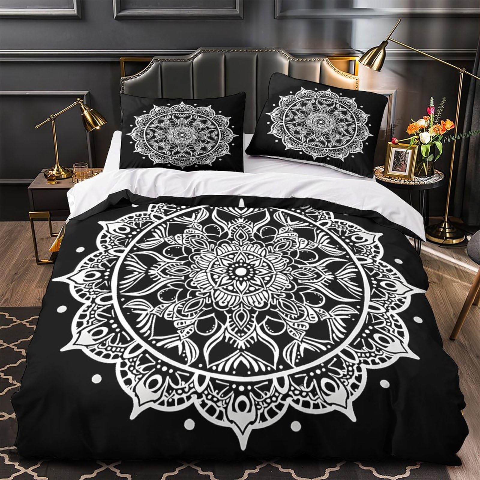 Housse de couette noire et blanche motif mandala pour chambre d'adulte moderne