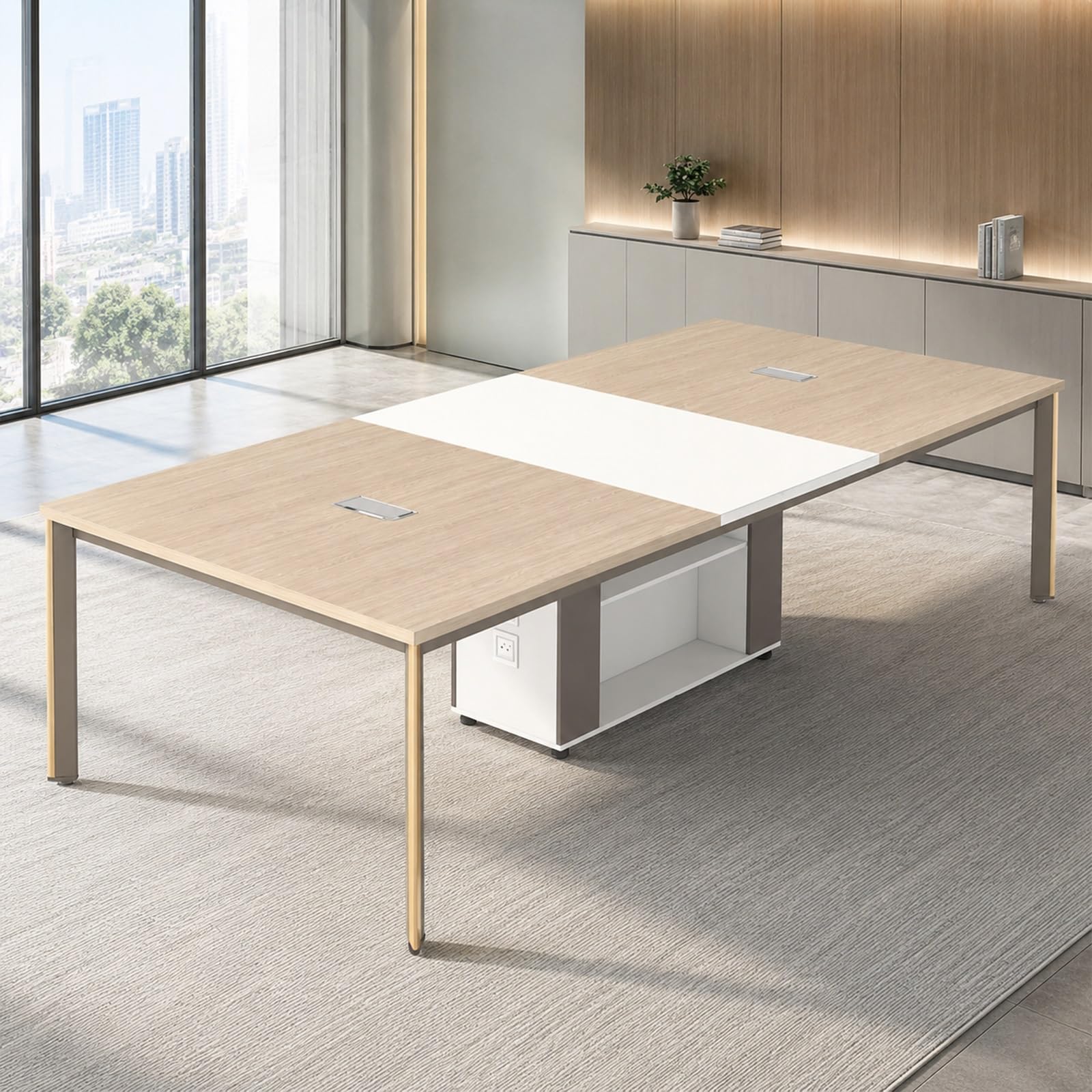 Mesa despacho con Gestión de Cables y Mueble Central, Predisposición para Enchufe, messa de conferencias moderna, mesa escritorio grande, conference table, Sillas no Incluidas(280*120*75cm)