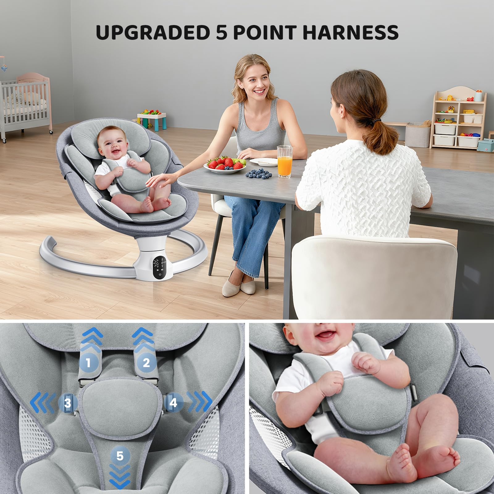 Operazione APP Sdraietta Neonati, Imbracatura a 5-Punti Migliorata Altalena Neonato Elettrica con 3 Timer, 5 Velocità di Altalena, Sdraietta Neonati Bluetooth Imbottita Morbida 0-9kg (Grigio)